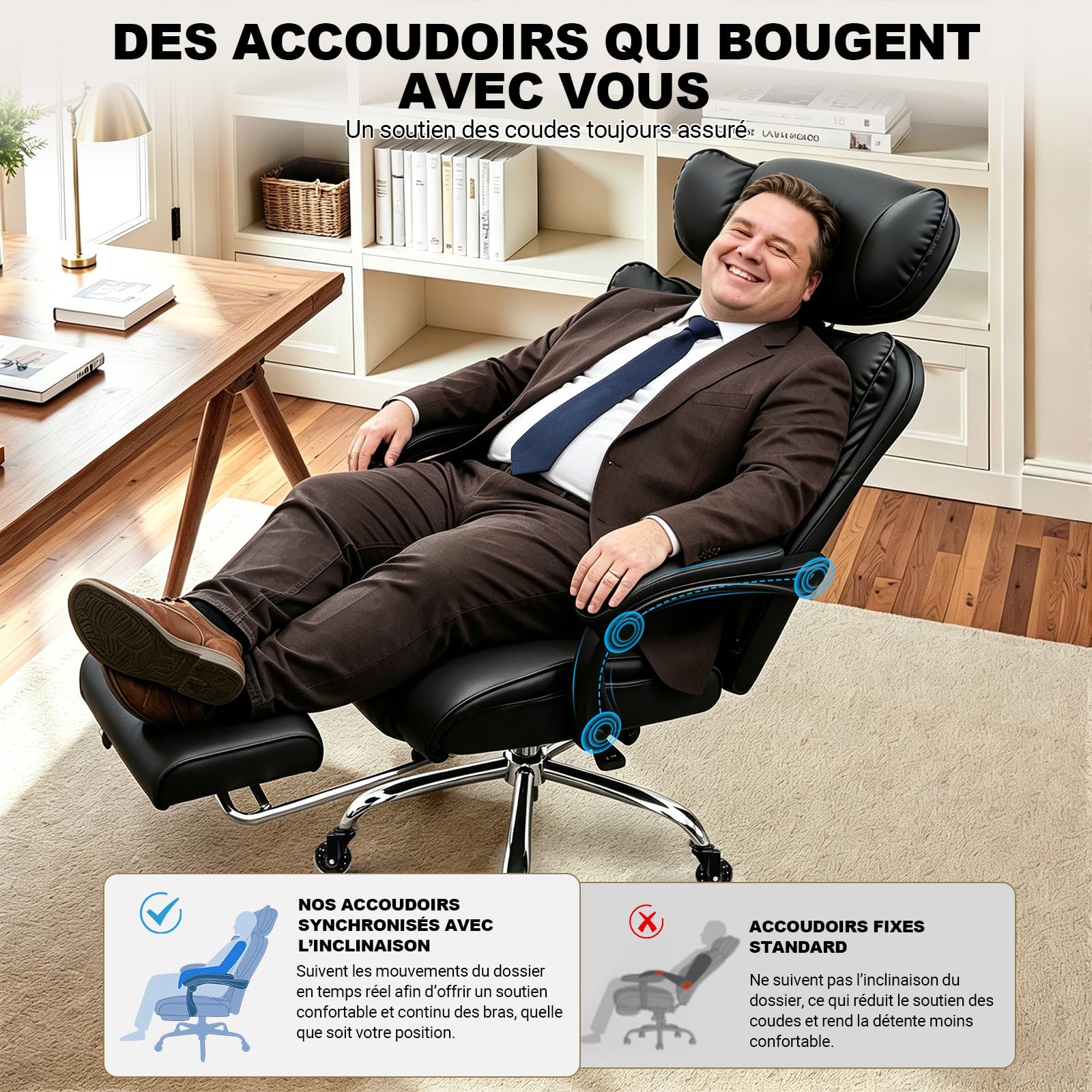 BASETBL Fauteuil Bureau 200kg, Chaise Bureau Ergonomique Confortable, Coussin de Siège en Ressort, Tête Reposable Ajustable, Repose-Jambes Multifonction, roulettes en Caoutchouc silencieuses, EN12520