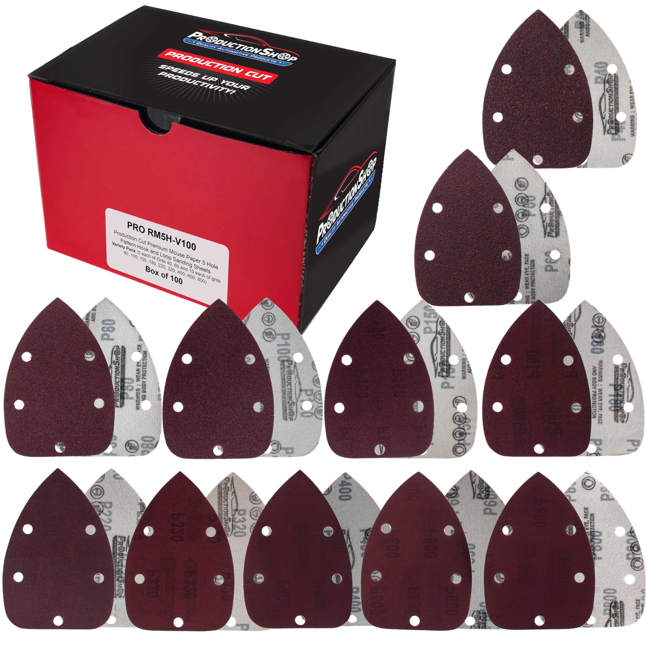 ProductionShop Premium 5-Hole Pattern Mouse Detail Sander Sandpaper Sheets, 100 Disc Variety Pack, Grits 40, 60, 80, 100, 150, 180, 220, 320, 400, 600