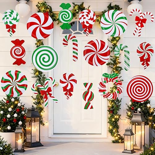 16 piezas de decoraciones navideñas de caramelo para exteriores, impermeables, grandes, de doble cara, adornos colgantes para patio, árbol de
