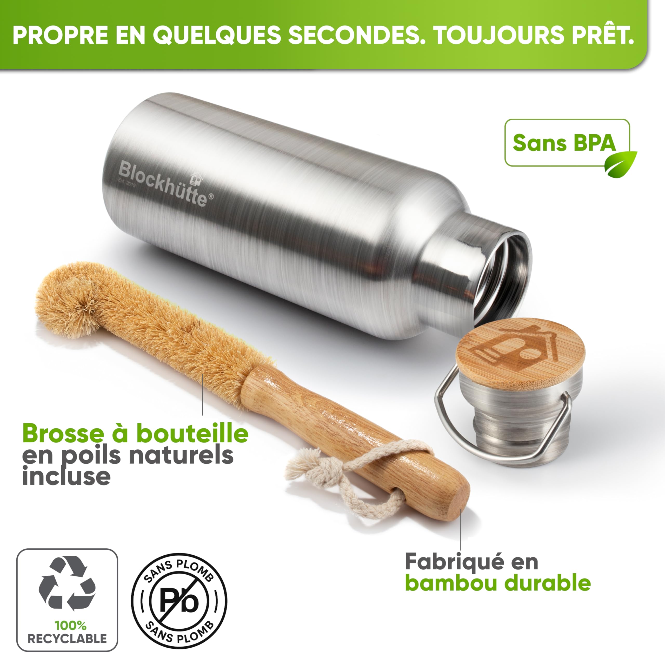 Blockhütte Gourde isotherme en acier inox, bouteille isotherme, bouteille d'eau anti-fuite I la gourde thermos passe au lave-vaisselle I pour l'université, bureau, enfants et adultes