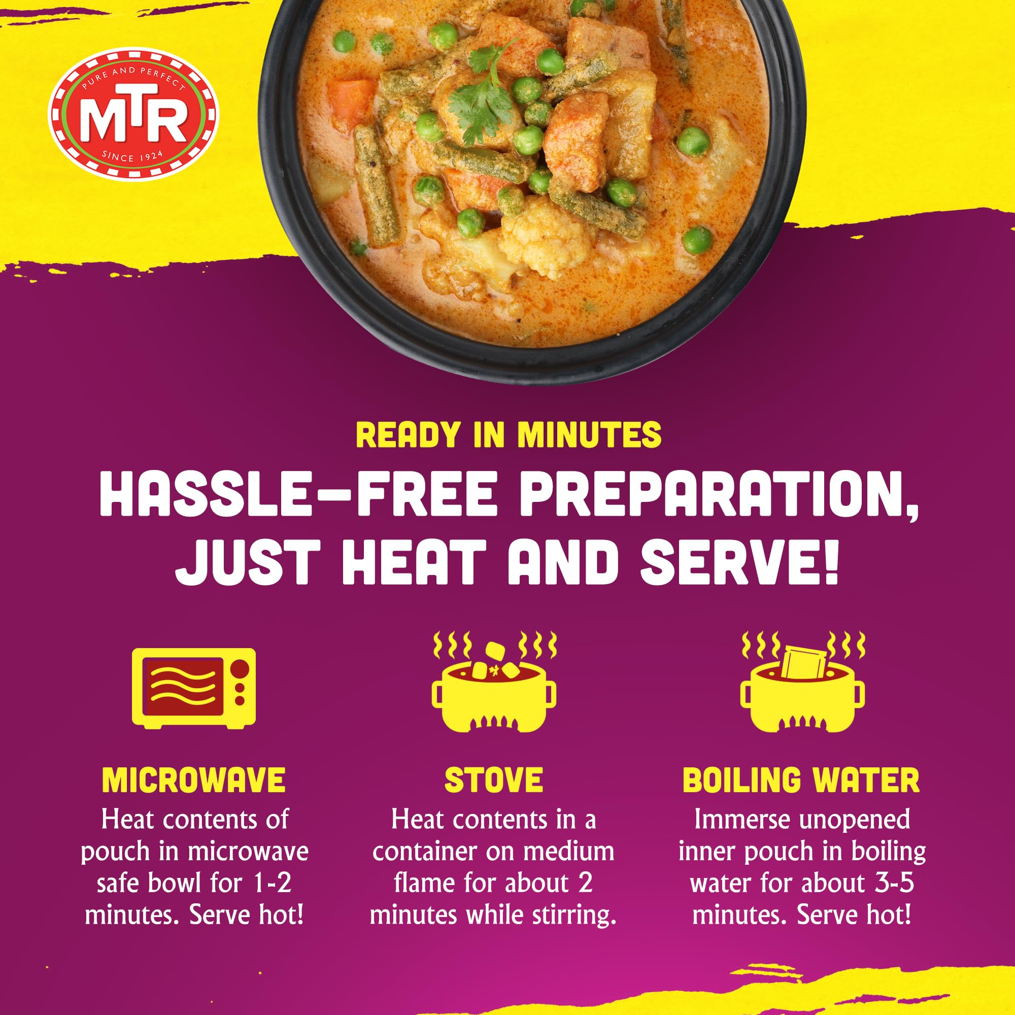 MTR - Minute Meals: Navratan Kurma - Vegetables in Mildly Spiced & Sweetened Gravy - Tasty Indian Meal with No Added Preservatives - Suitable for Vegetarians, Ready in Minutes! (Pack of 6)