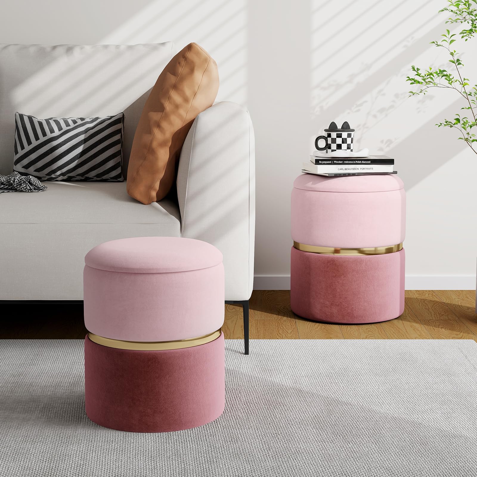 GIANTEX Juego de 2 Otomanas de Terciopelo, 2 Taburetes Tapizados 30 cm y 35 cm, Espacio de Almacenamiento, Taburetes Reposapiés para Entrada, Salón, Dormitorio (Rosa)