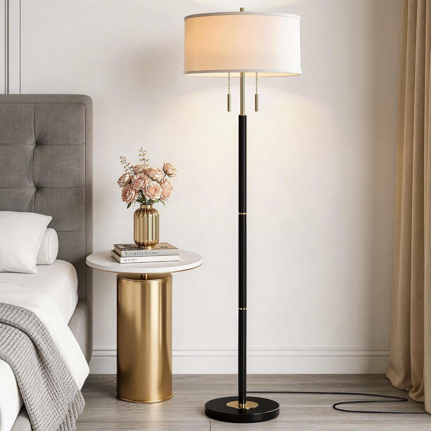 2-Light Mid Century Modern Floor Lamp, Standing Lamp with Fabric Shade and Pull Chain Switch, Tall Floor Lamp for Living Room, Bedroom,Office Corner (Black, 2X 3CCT Bulb Included)