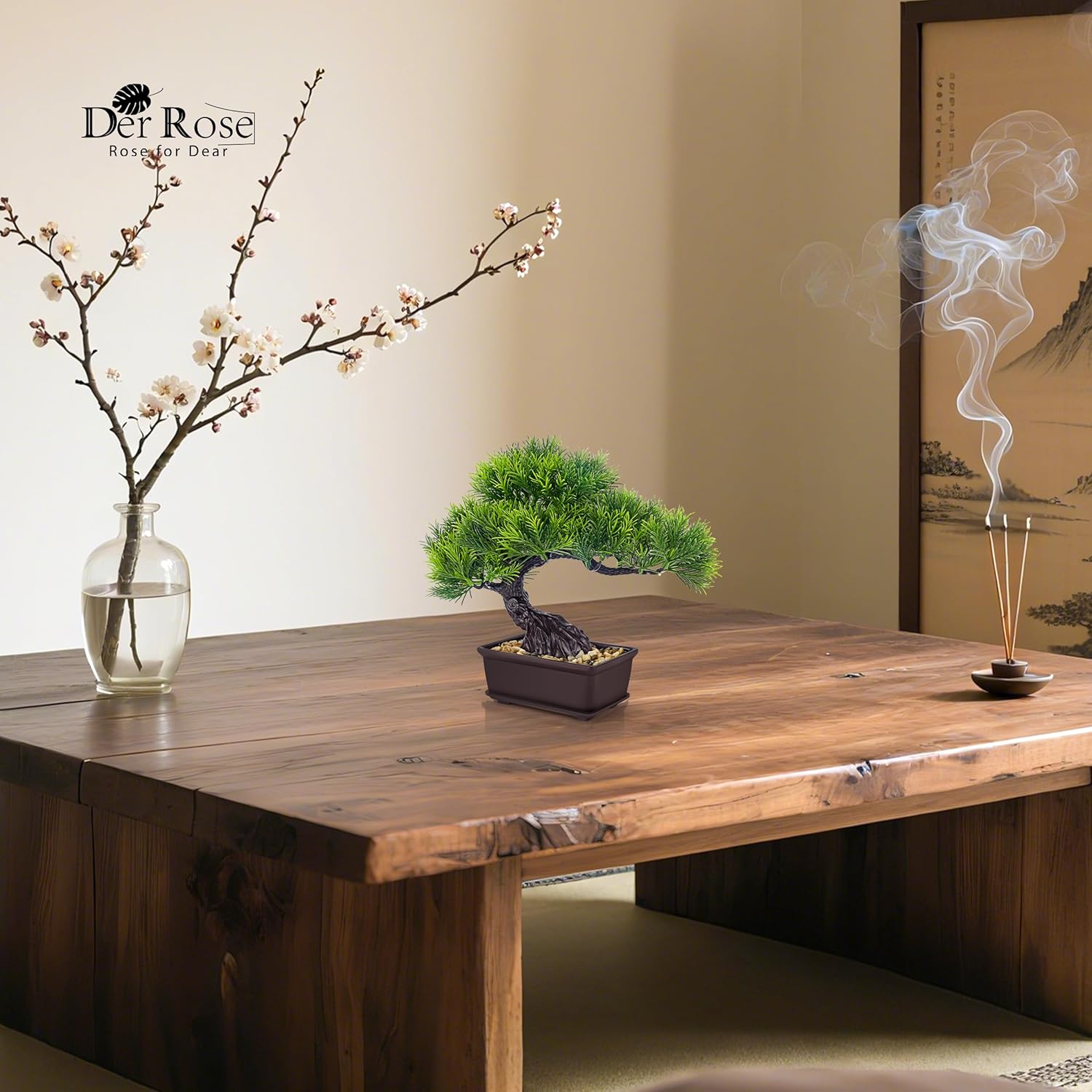 Der Rose 8'' Artificial Bonsai Tree Small Fake Potted Plants for Zen Japanese Home Office Desk Bathroom Shelf Decor (Pine) Green-pine