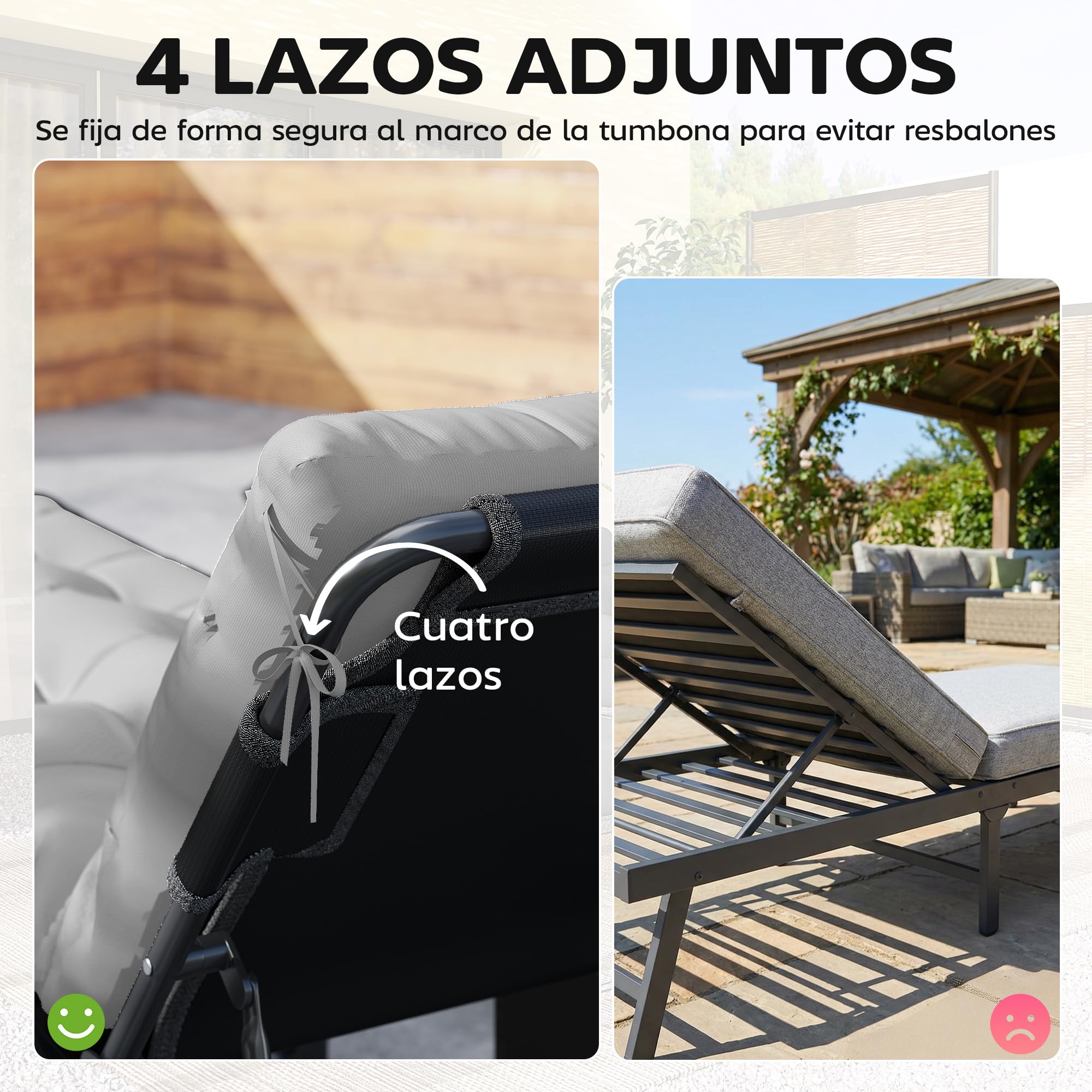 Outsunny Juego de 2 Cojines para Tumbonas, 180x55x8 cm, Cojines para Tumbonas de Exterior Gruesas, UPF30+, Almohadillas de Repuesto para Tumbonas con 4 Cintas, Gris Claro