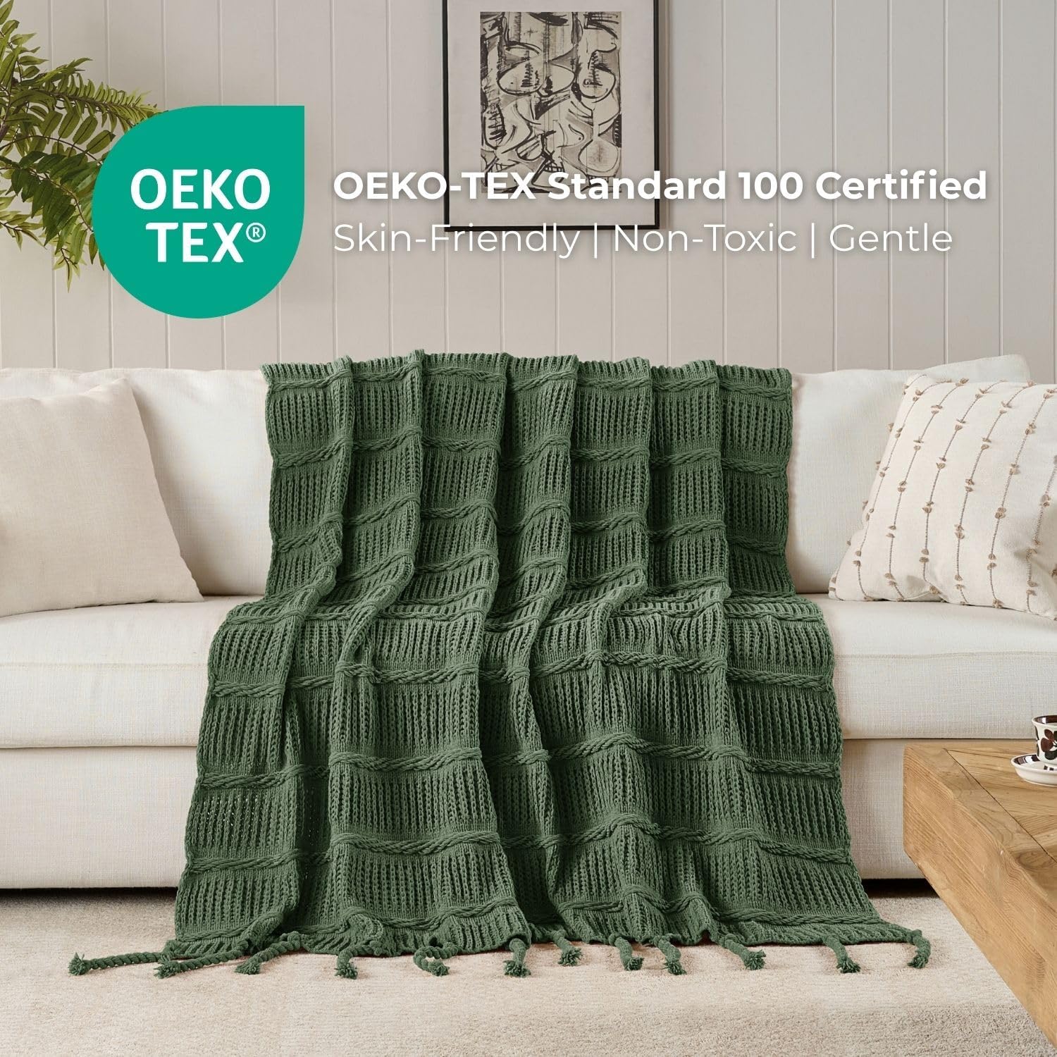 Boho Knitted Chenille Blanket with Tassels - Lightweight & Soft All-Season Throw - 3D Classic Pattern for Living Room Bedroom Couch, Imperial Green, King 90"x108"