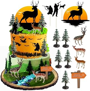 13PCS Deer Hunting Cake Topper Deer Hunter Cake Decoration Set Deer Tree Green Camo Hunting Birthday Decorations for Camo Camping Hunting Birthday Baby Shower Party Supplies