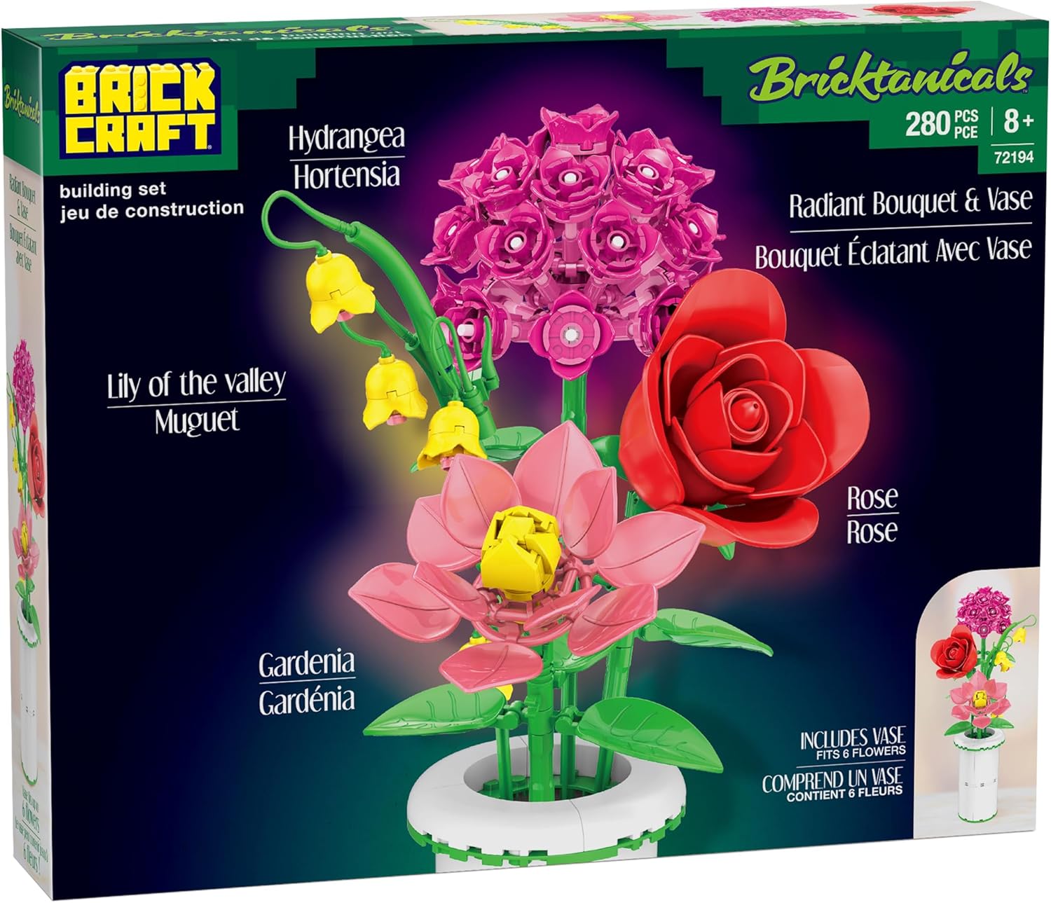 Brickcraft Botanicals Radiant Bouquet & Vase Building Set (280 Pieces) Creative Flower Arrangement Kit with Rose, Gardenia, Lily & Hydrangea – Display for Home or Office, Christmas