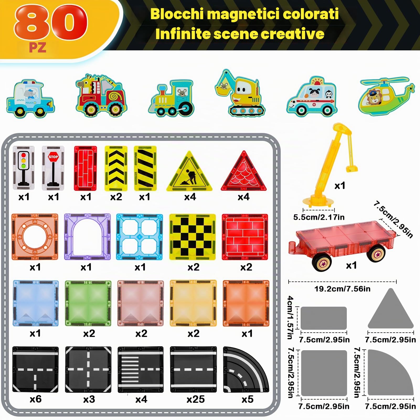Costruzioni Magnetiche Stradale, 80 Pezzi Set Costruzioni con Segnali e Auto - Giocattolo STEM per Bambini 6-12 Anni