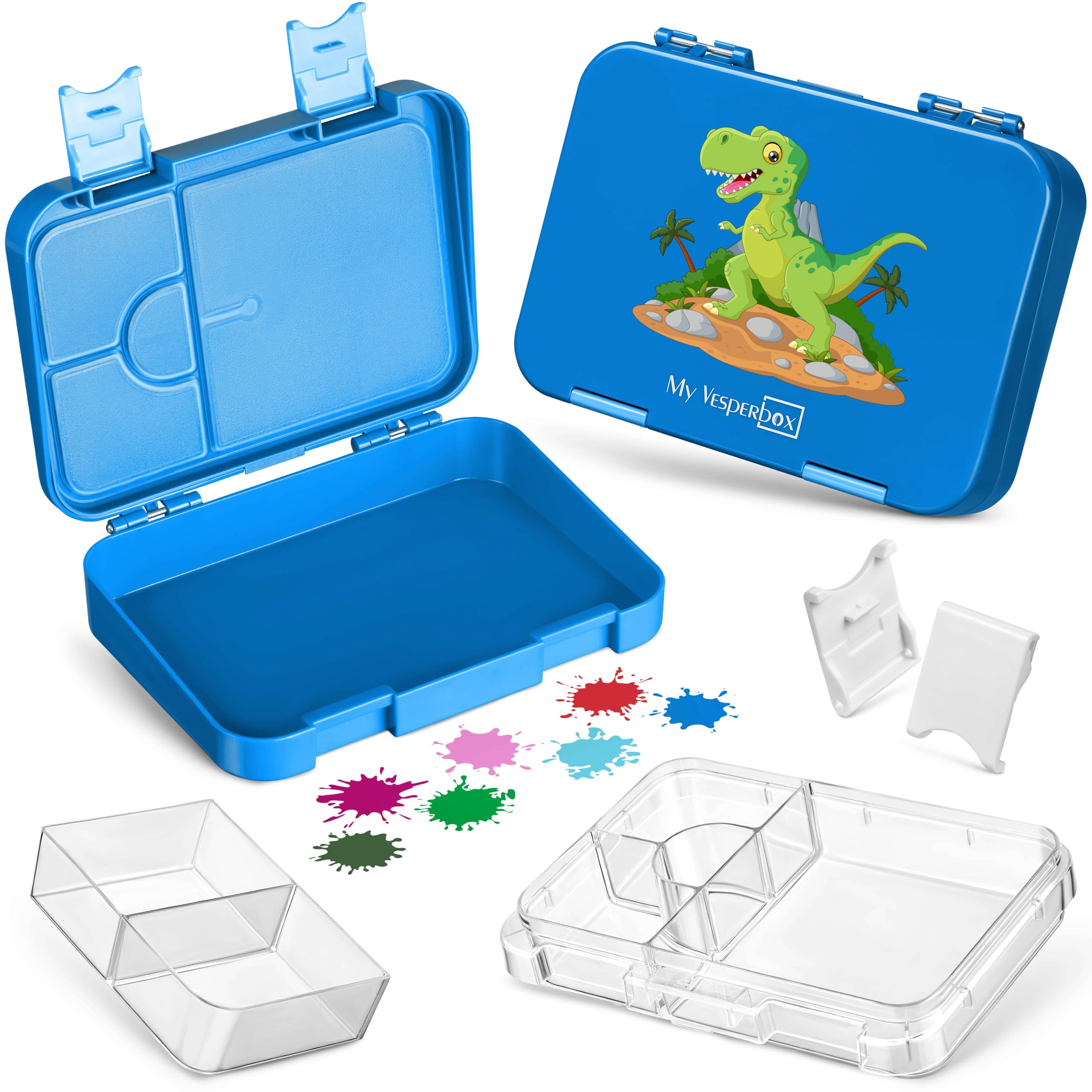 My VesperboxLen Bento Box Children's Lunch Box with 4 + 2 Compartments Extremely Robust Lunch Box Ideal for Nursery and School (Blue - T-Rex)