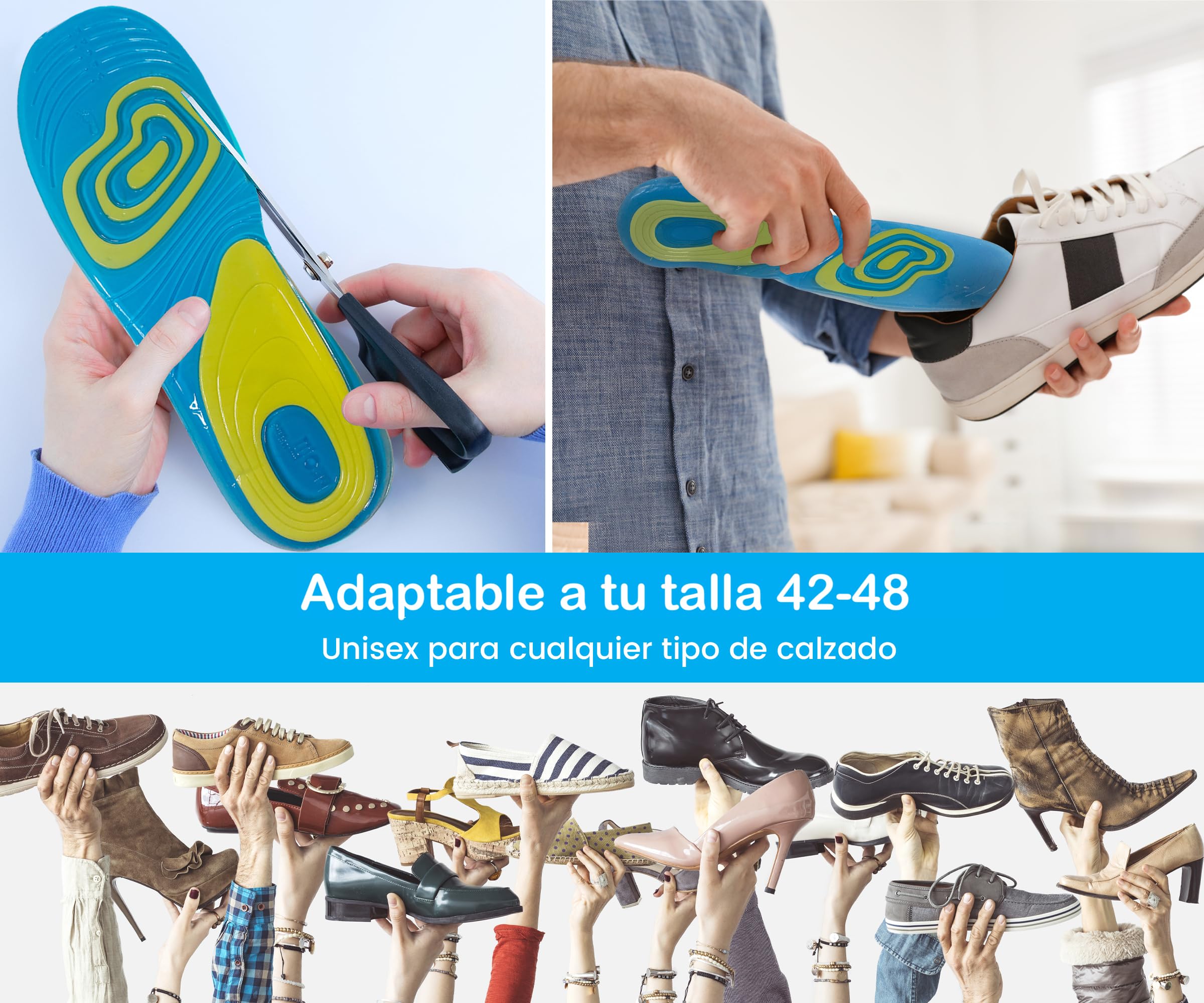 Plantillas de Gel adaptables para cualquier talla de zapato de niños, hombre o mujer. Descanso para los pies en tu actividad diaria, deportiva o de ocio. (32-38)