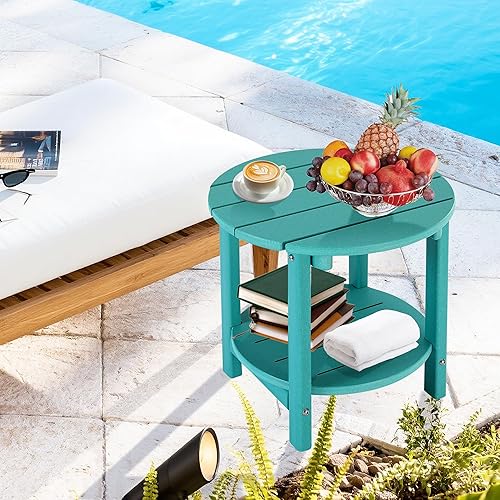 Miniatura 254 de LZRS Mesa auxiliar para exteriores, mesa auxiliar ovalada Adirondack doble con almacenamiento de 2 niveles, mesas auxiliares de HDPE para patio