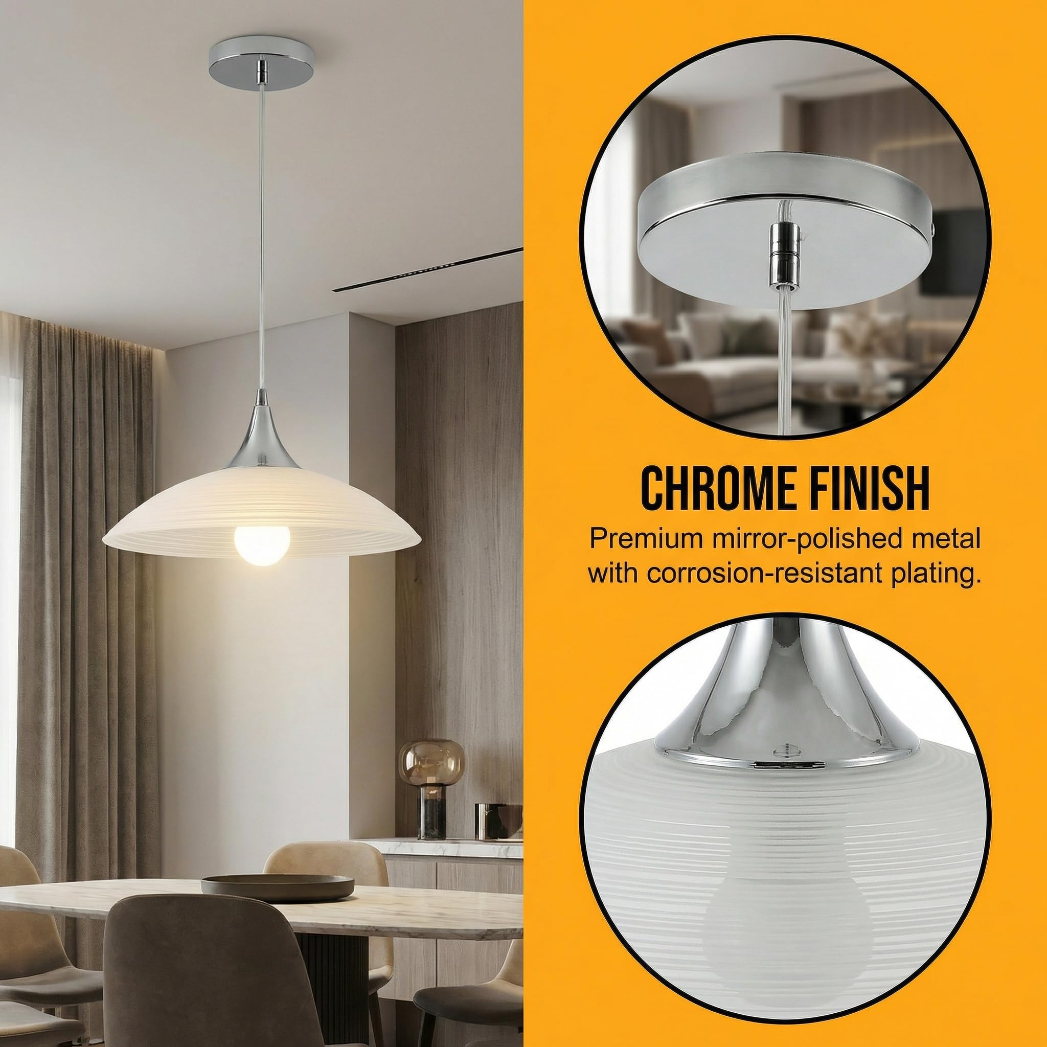 Lampadario Sospeso E27 Moderna in Vetro, Lampada a Sospensione Regolabile in Altezza con Elegante Finitura Cromata, Lampada per Sala da Pranzo, Cucina & Soggiorno