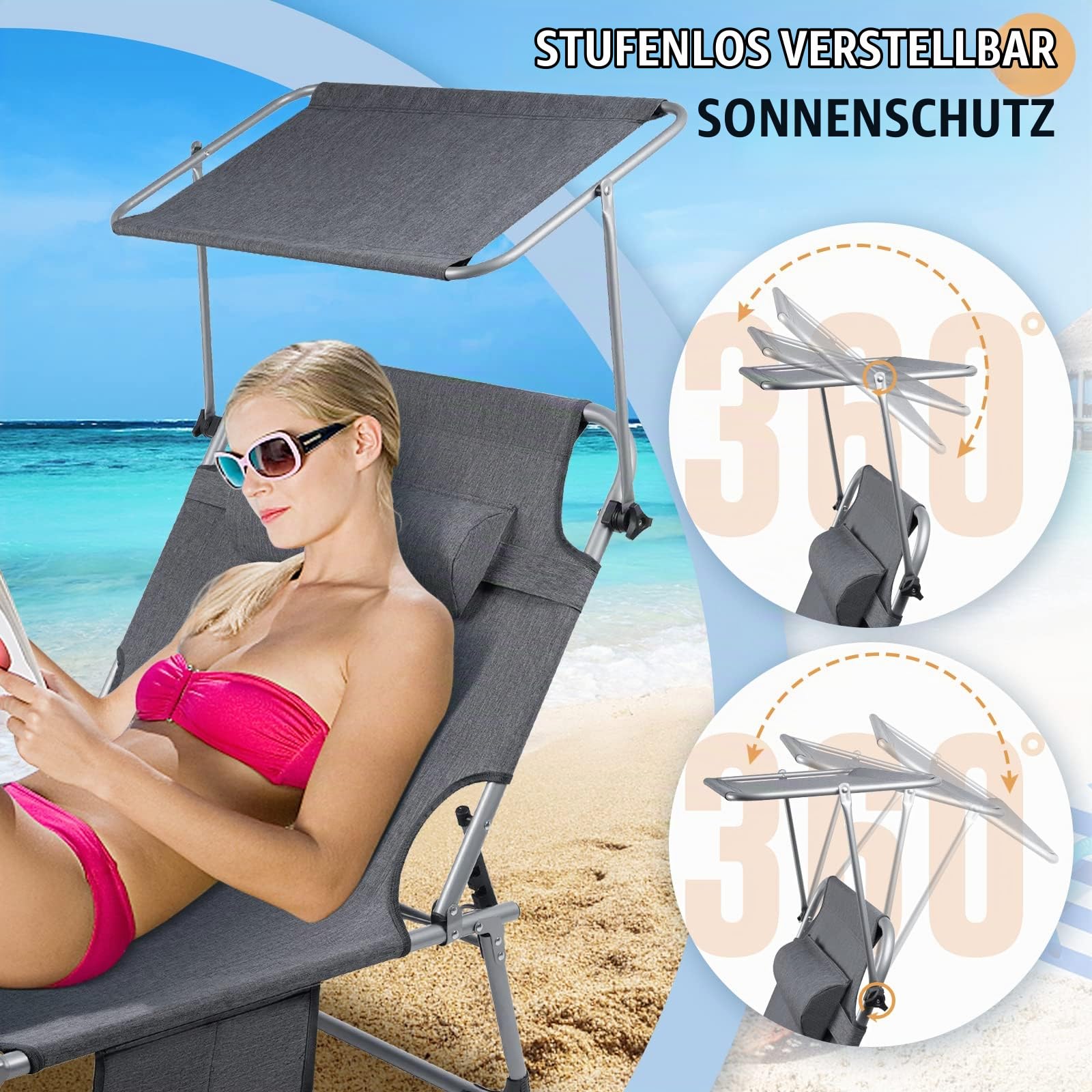 Soontrans Sonnenliege mit Dach, Gartenliege mit Kopfkissen & Tragegriffe & Seitentasche, Extra Breiter Liegefläche, Verstellbare Rückenlehne & Sonnenschutz, Sonnenliege klappbar für Strand (Anthrazit)