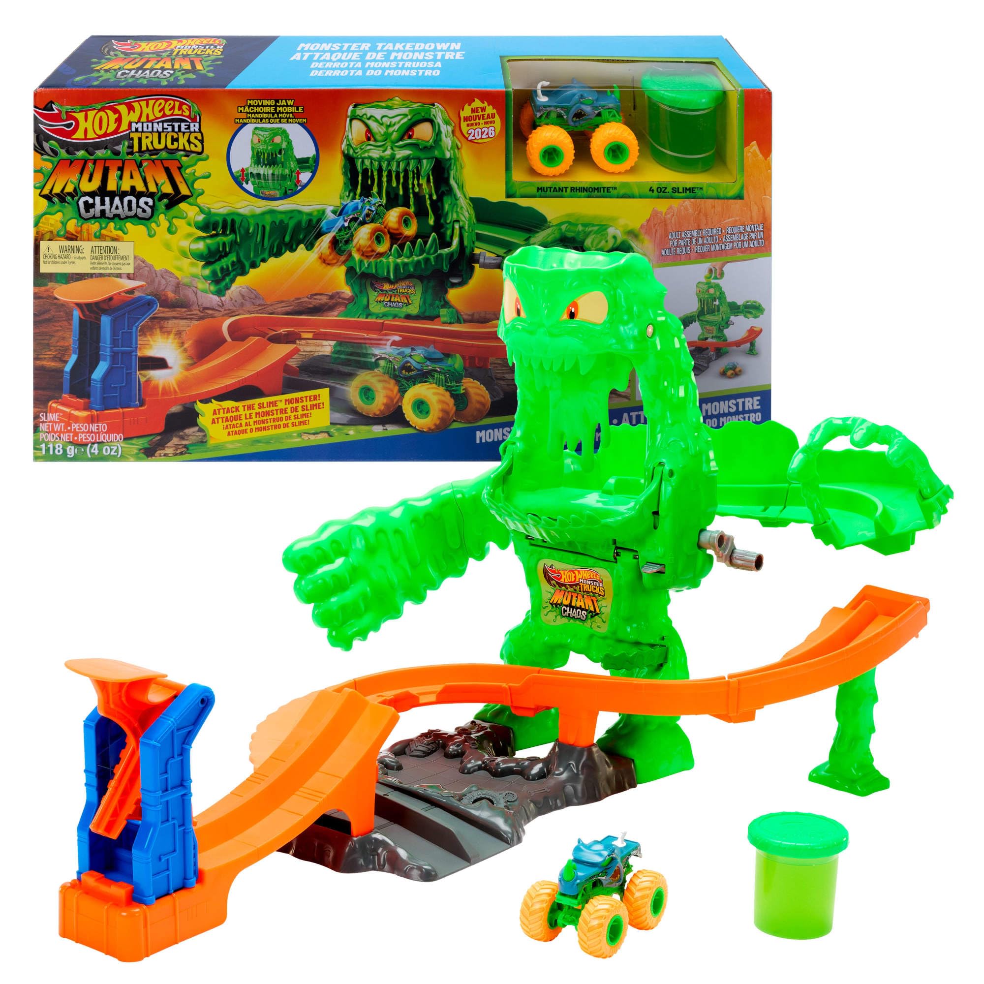 Hot Wheels Monster Trucks Mutant Monster Takedown Playset | Playset con modello camion con Mutant Rhinomite in scala 1:64 e 113,4 g di Slime™ riutilizzabile, JMK90