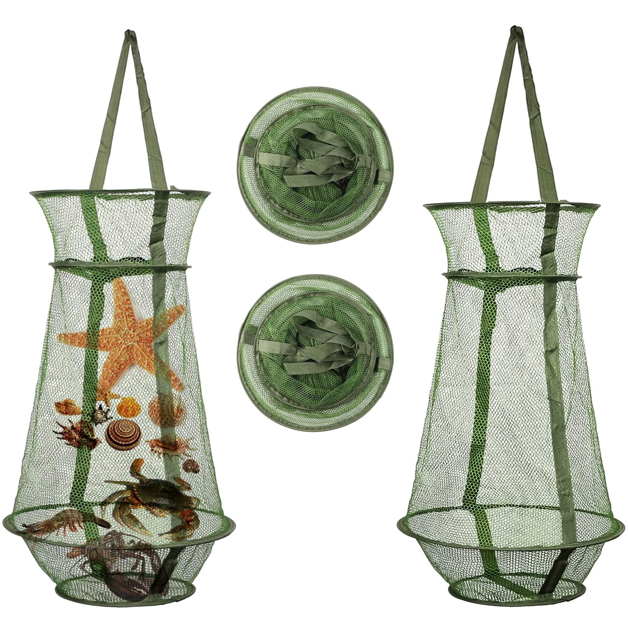 2 x Fish Folding Cage Crabbing Basket - Foldable Fishing Trap Net with Mesh Cage - Collapsible Fish Keep Net Basket for Lures, Crayfish, Crab, Fishes, Smelt, Minnows, Shrimps, Lobsters