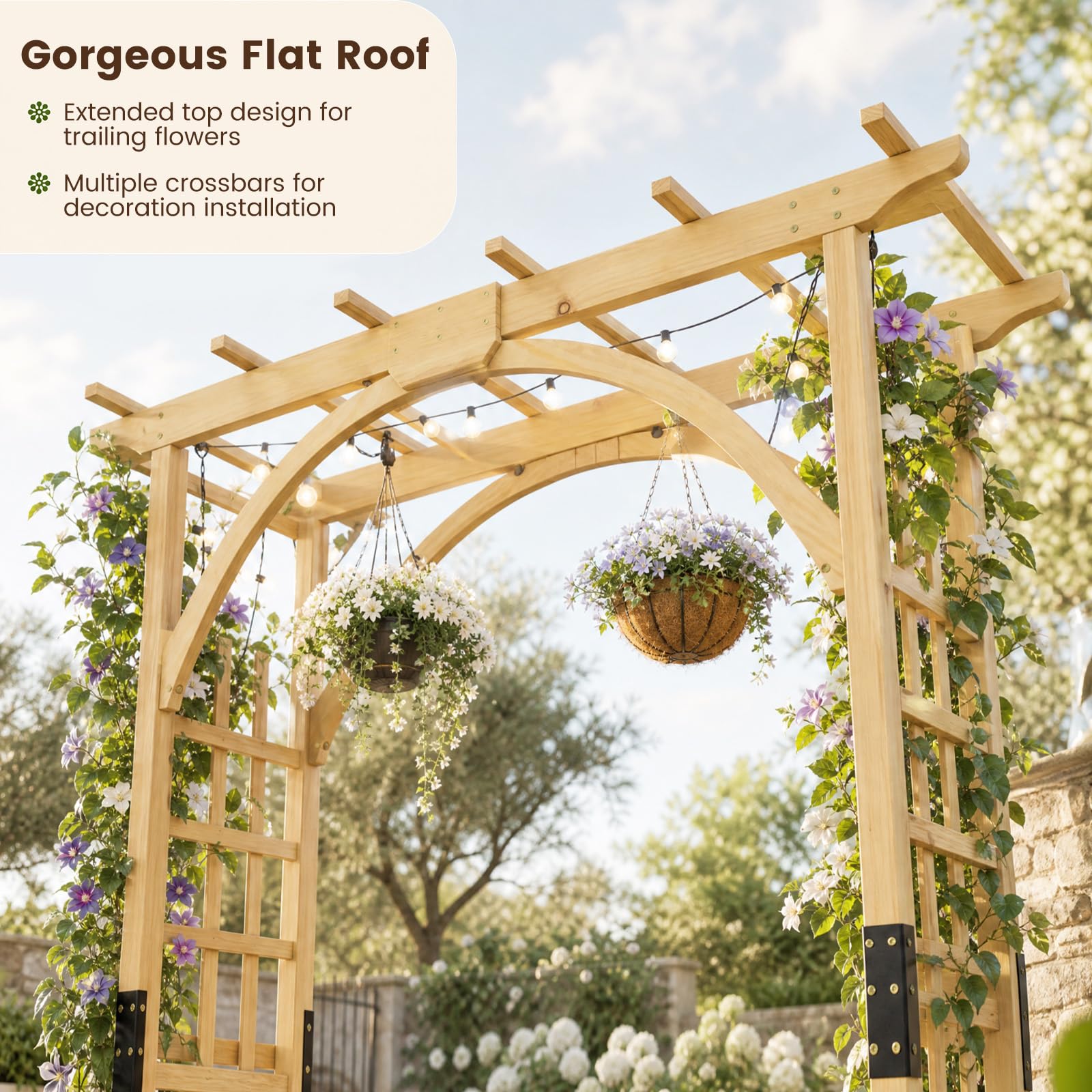 HOMASIS Gartenbogen Holz, Rosenbogen für Rosen & Kletterpflanzen, Rankhilfe für Hochzeit Garten Partys, Rankgitter Spalier Torbogen Rosengitter Pflanzenstütze mit Dach (Natur, 160 x 60 x 216 cm)