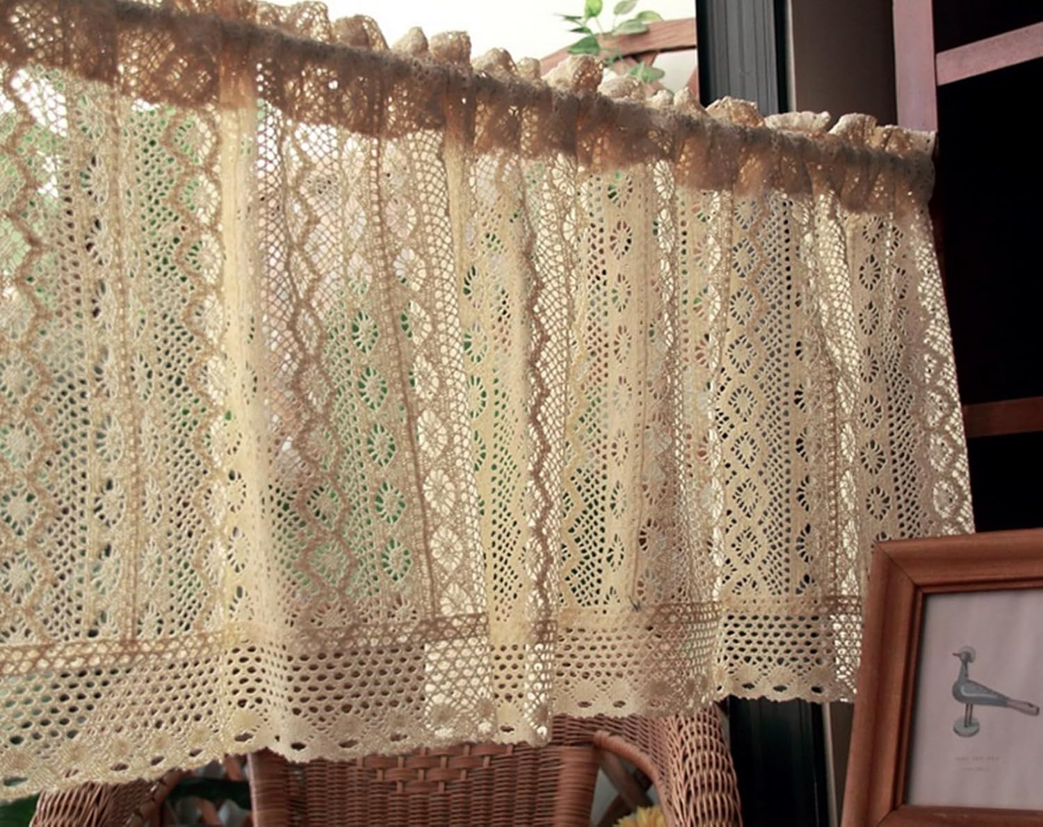 A.Monamour Short Curtain for Small Window Rustic Boho Cotton Geometric Hollow Crochet Lace Semi Transparent Cabinet Curtain Door Curtain Window Treatment Valance Tier Curtain for Kitchen Café Bedroom
