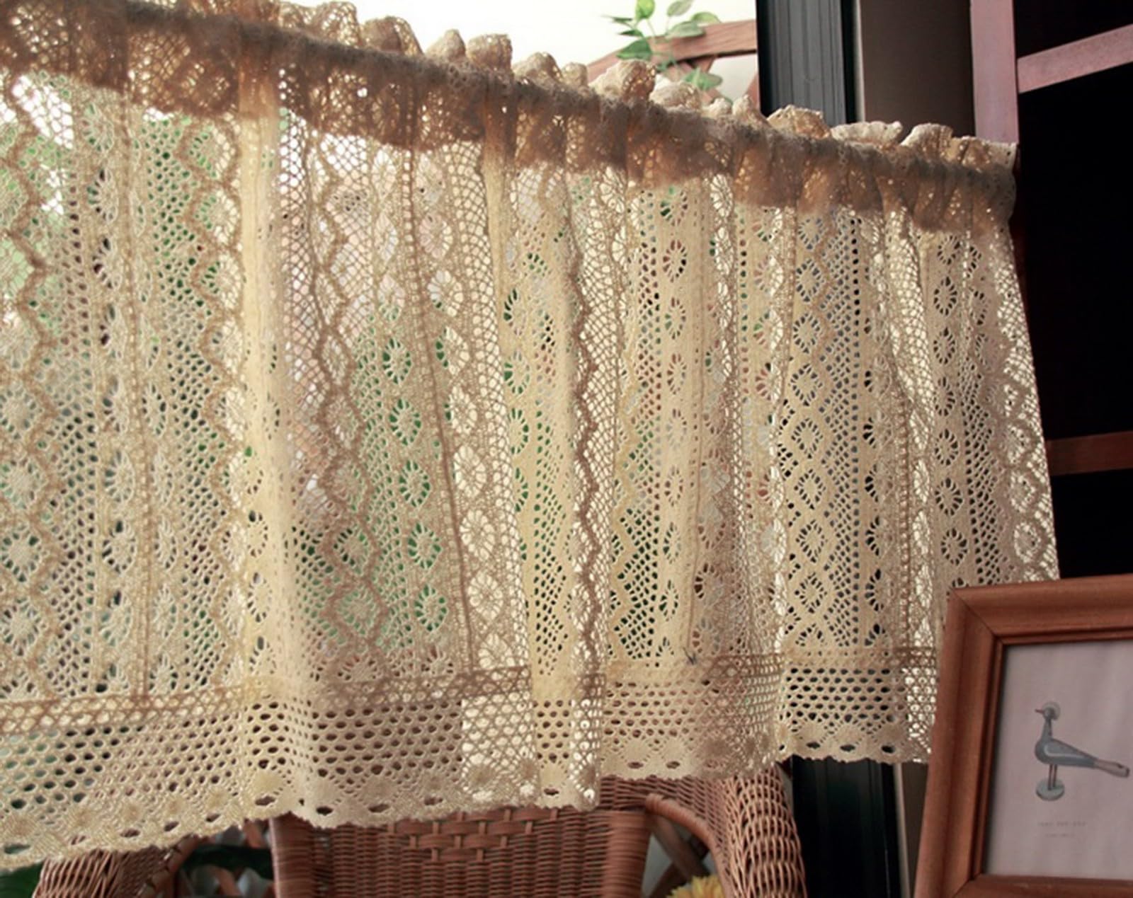 A.Monamour Gardine Scheibengardinen Kurzstores Rustikale Boho Baumwolle Geometrisch Hohl Gehäkelt Spitze Halbtransparent Kurzvorhang Küchengardine Küche Vorhang Fenster Kurz Stores Bistrogardine