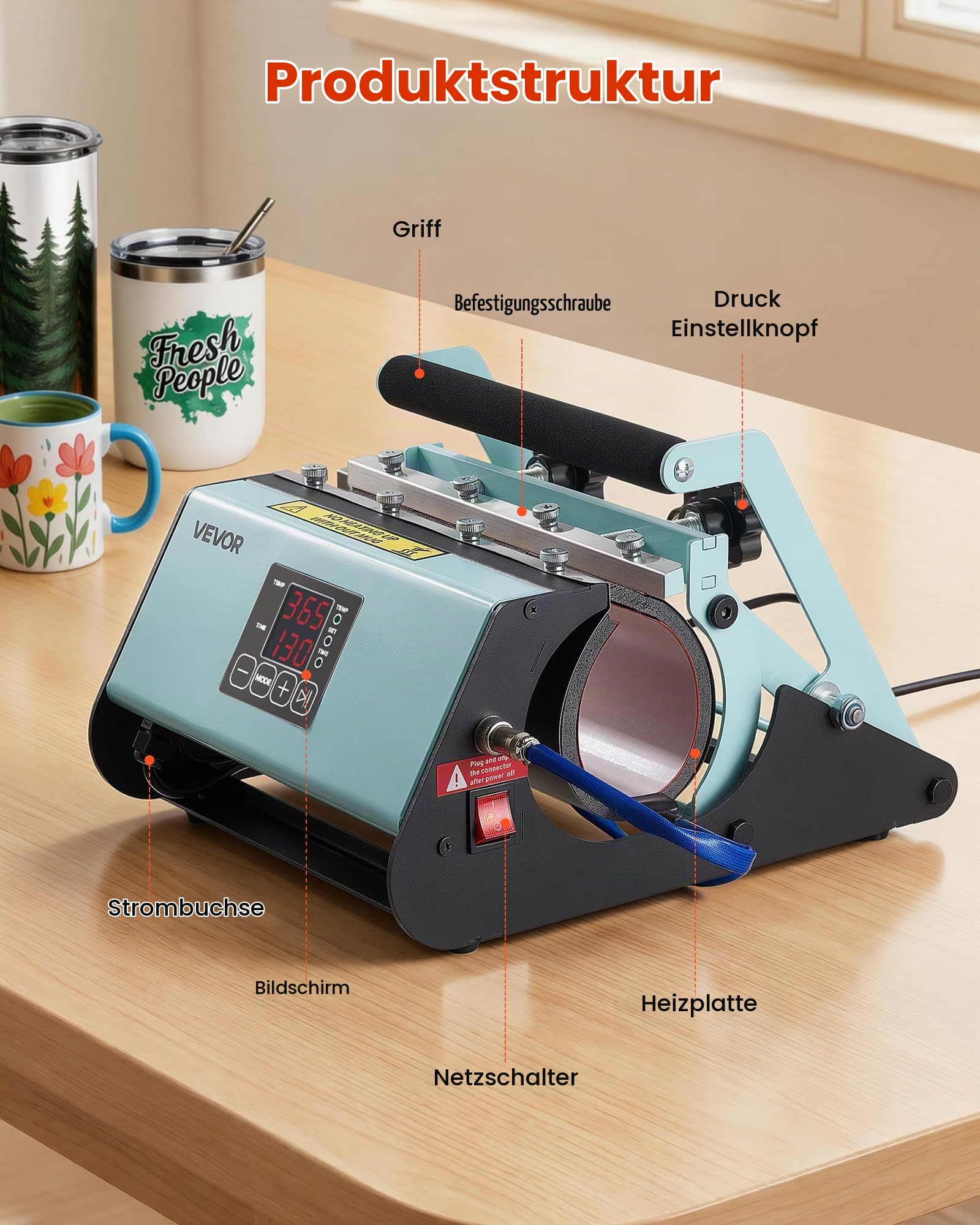 VEVOR Tassenpresse Becherdruckmaschine Mug Sublimationspresse 887ml Grün, inkl. Klebeband & Handschuhen Einfache Temperatur- & Zeiteinstellung für Sublimationsdruck auf Bechern & Tassen