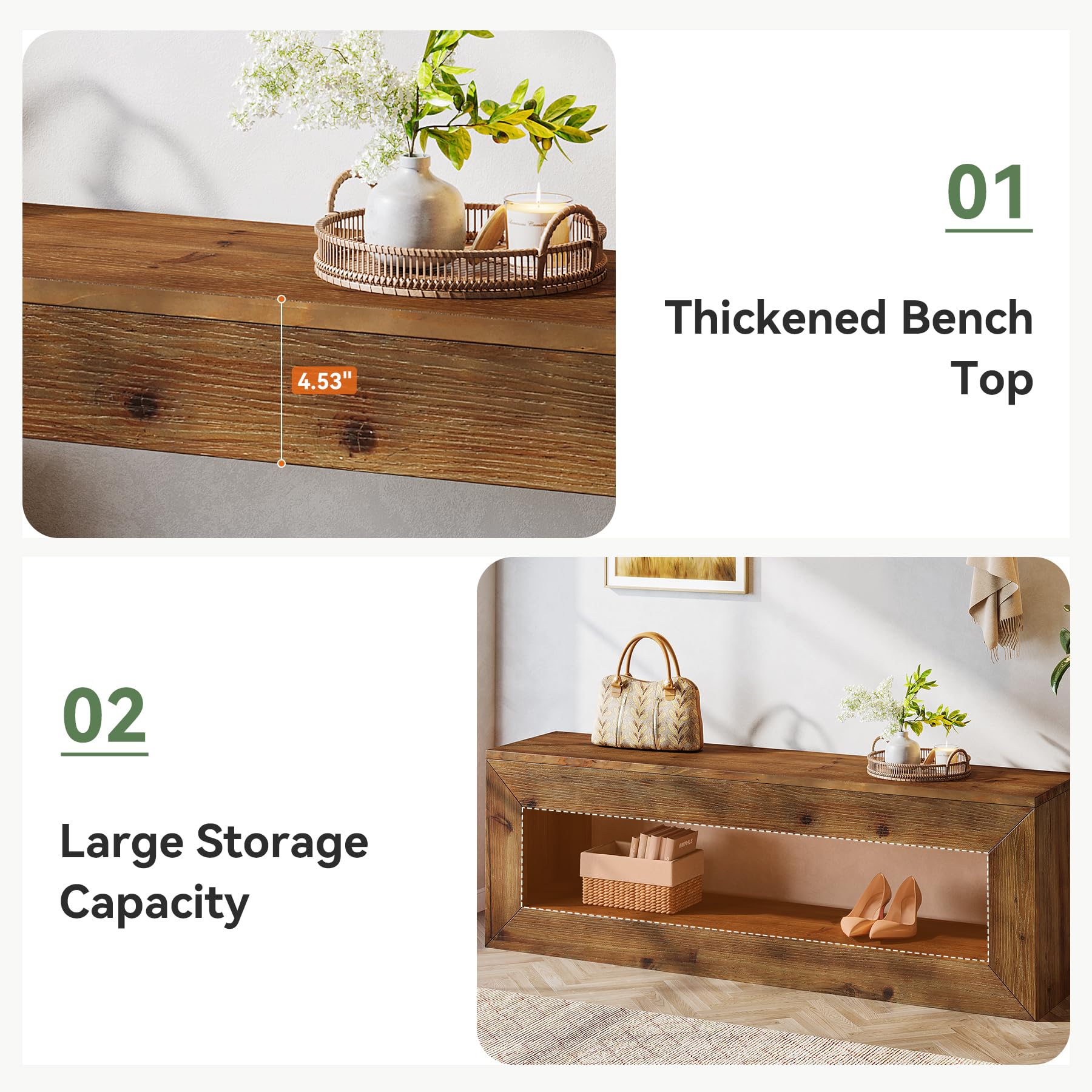 Solid Wood Entryway Bench, 47" Rustic Farmhouse Indoor Bench Seat with Storage Shelf for Entrance, Hallway, End of Bed