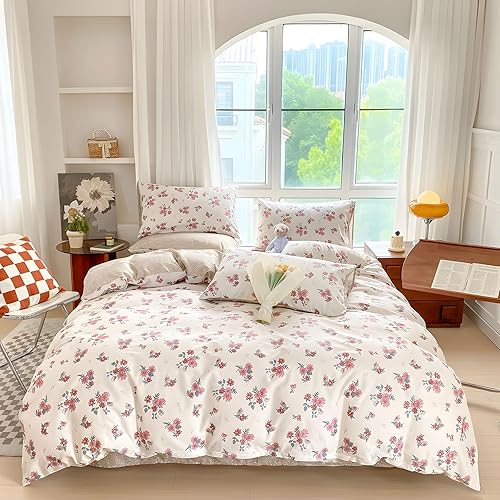 EAVD Juego de funda de edredón floral de jardín de estilo vintage, tamaño Queen, color blanco y rosa, juego de ropa de cama floral suave de algodón