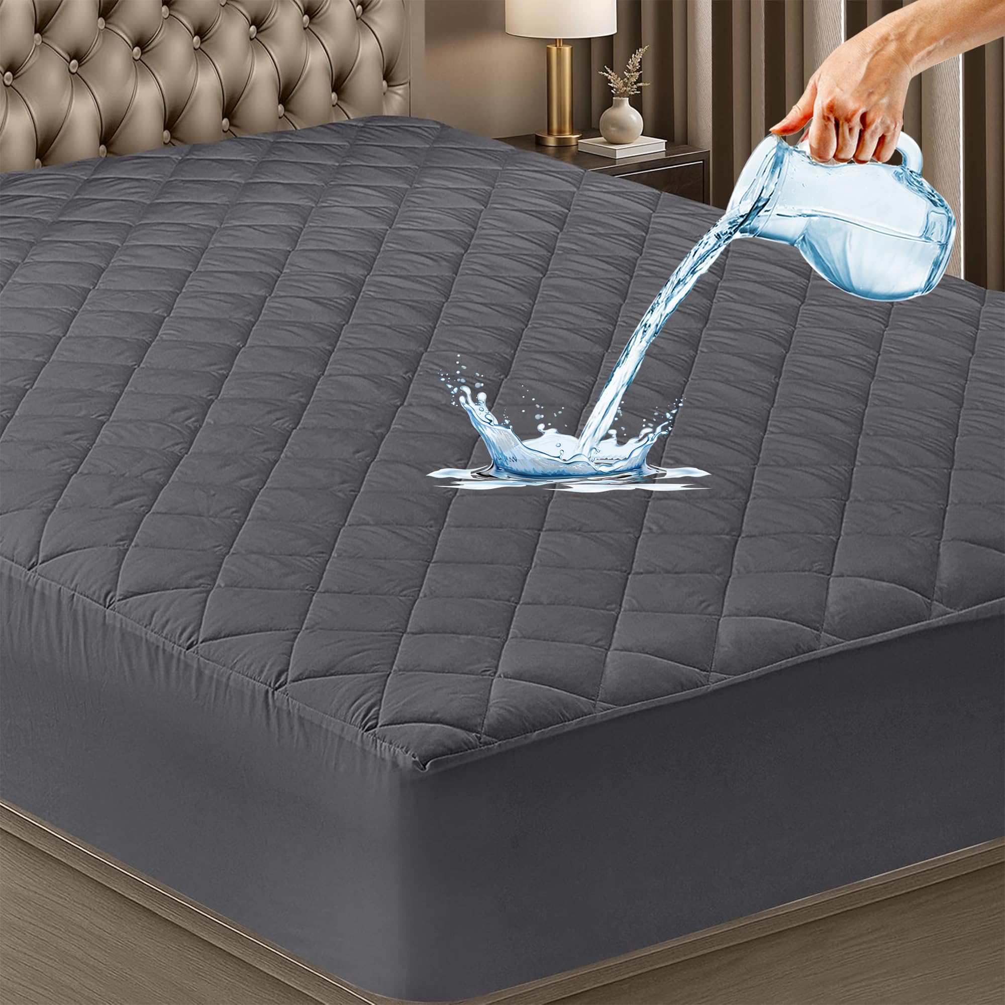 GADDA CO Waterproof Cotton Quilted Mattress Protector Queen Size (78x60 Inch | 6.5x5 Ft) | Breathable Hypoallergenic Noiseless Ultra Soft Elastic Fitted Bed Protector | Washable Bed Cover - Grey