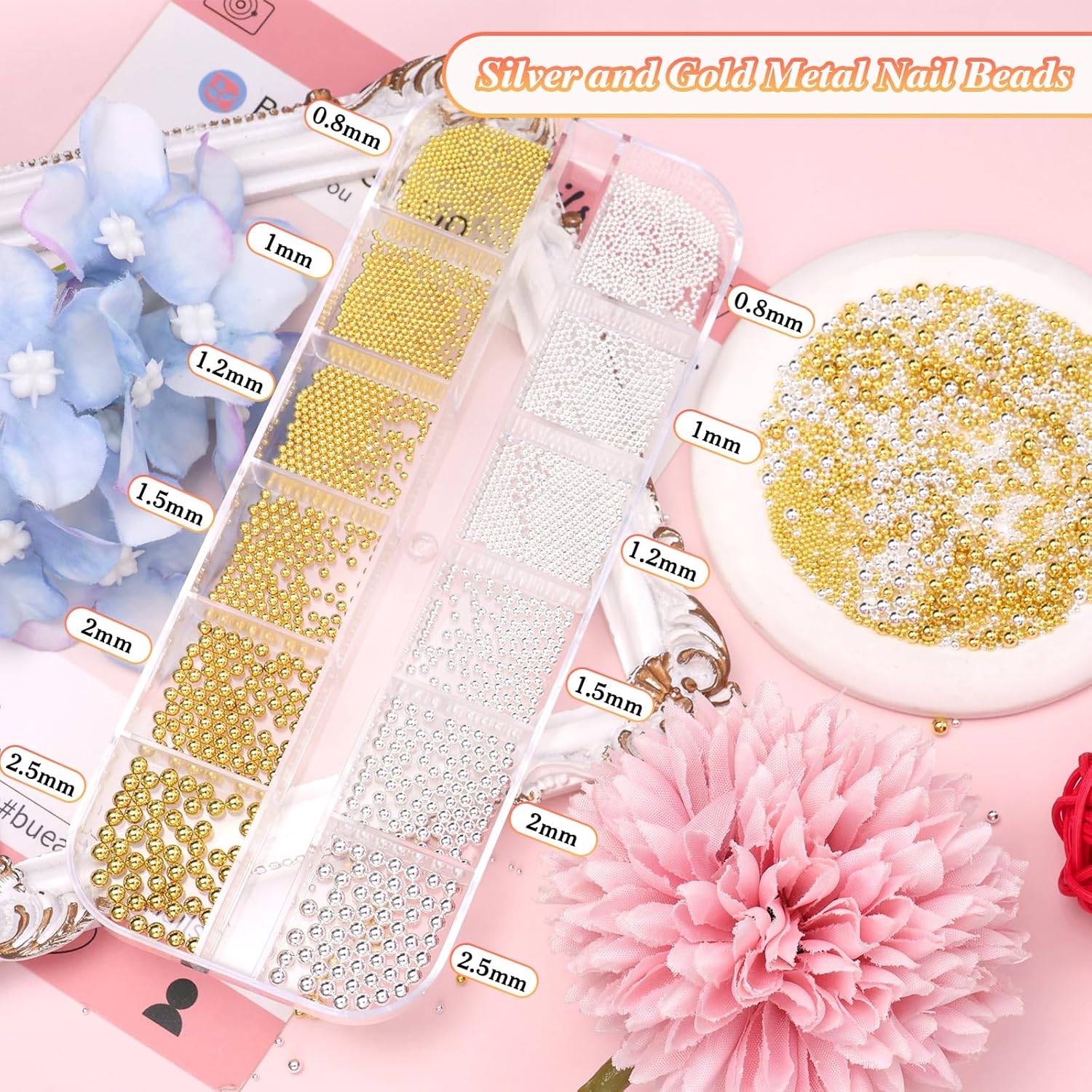 Gold Silver Caviar Beads for Nails Art, Metal Nail Bead with Champagne White Nail Art Rhinestones Flatback Half Round Crystal Gems Silver Gold Steel Balls Beads for Nails Face Makeup DIY Crafts - Image 3