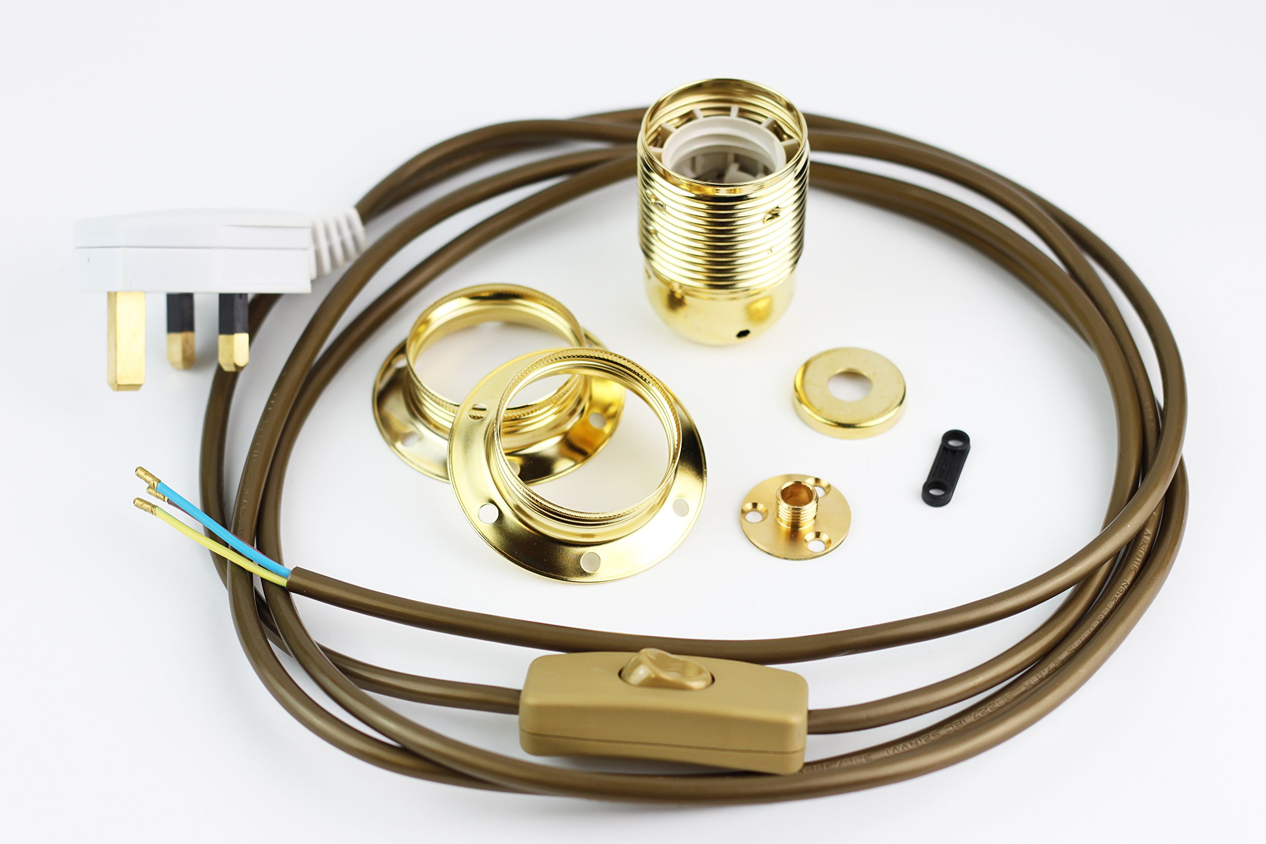 Wooden Lamp Base Kit 20 with ES Brass Lampholder and Gold Flex KIT20B