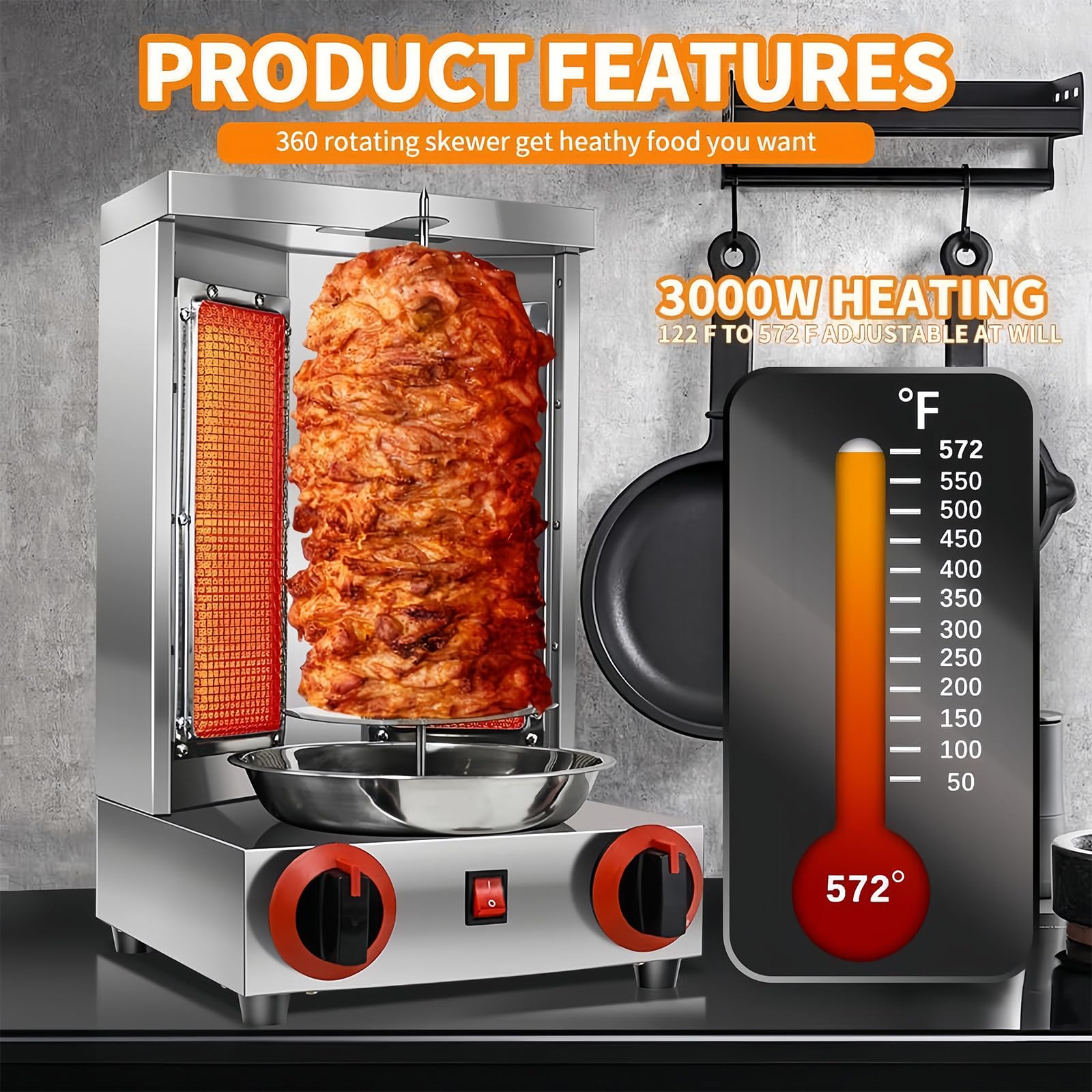 Barbacoa Vertical de Gas para Kebab y Pollo, Giroscópica con Tornillo, Máquina de Kebab, Horno de Barbacoa Vertical con Interruptor de Ajuste de Temperatura para Restaurante, Salón, Cocina,110V