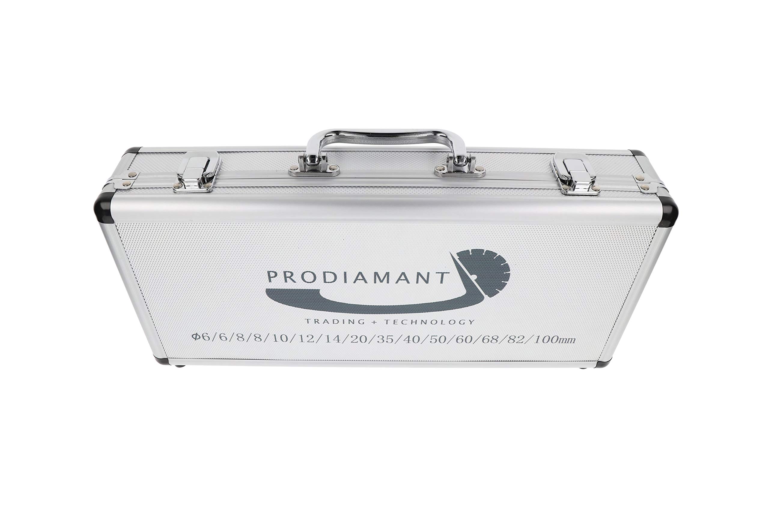 PRODIAMANT Zestaw wierteł diamentowych do płytek gresu suchego 15-częściowy 6 mm 8 mm 10 mm 12 mm 14 mm 20 mm 35 mm 40 mm 50 mm 60 mm 68 mm 82 mm 100 mm do szlifierek kątowych z walizką