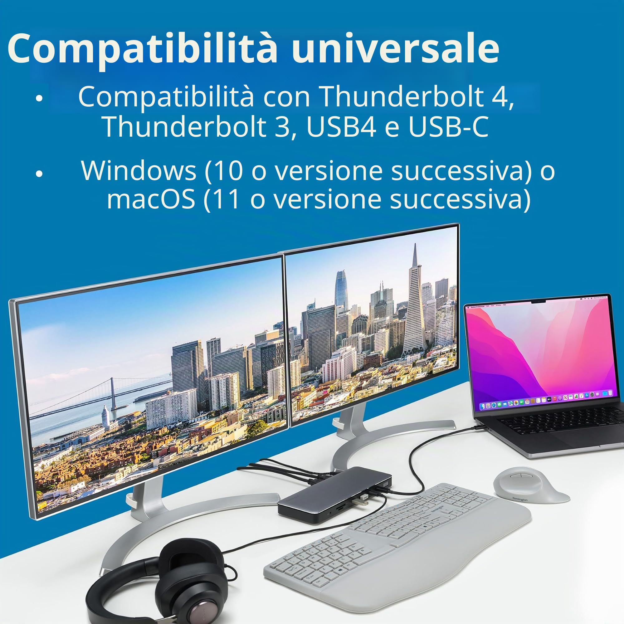 Kensington AD2010T4 Docking Station Thunderbolt 4 per Doppio Monitor 8K/4K con Lettore di Schede Micro SD, Alimentazione 96 W, 2 Porte HDMI, Ethernet, USB-C 3.2 e 4 Porte USB-A (K34111EU)