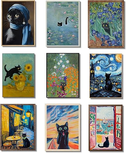 Miniatura 4 de 9 piezas divertidas de arte de pared de gato negro, gatos negros retro en pinturas famosas, carteles impresos, lindos gatos coloridos, decoración de