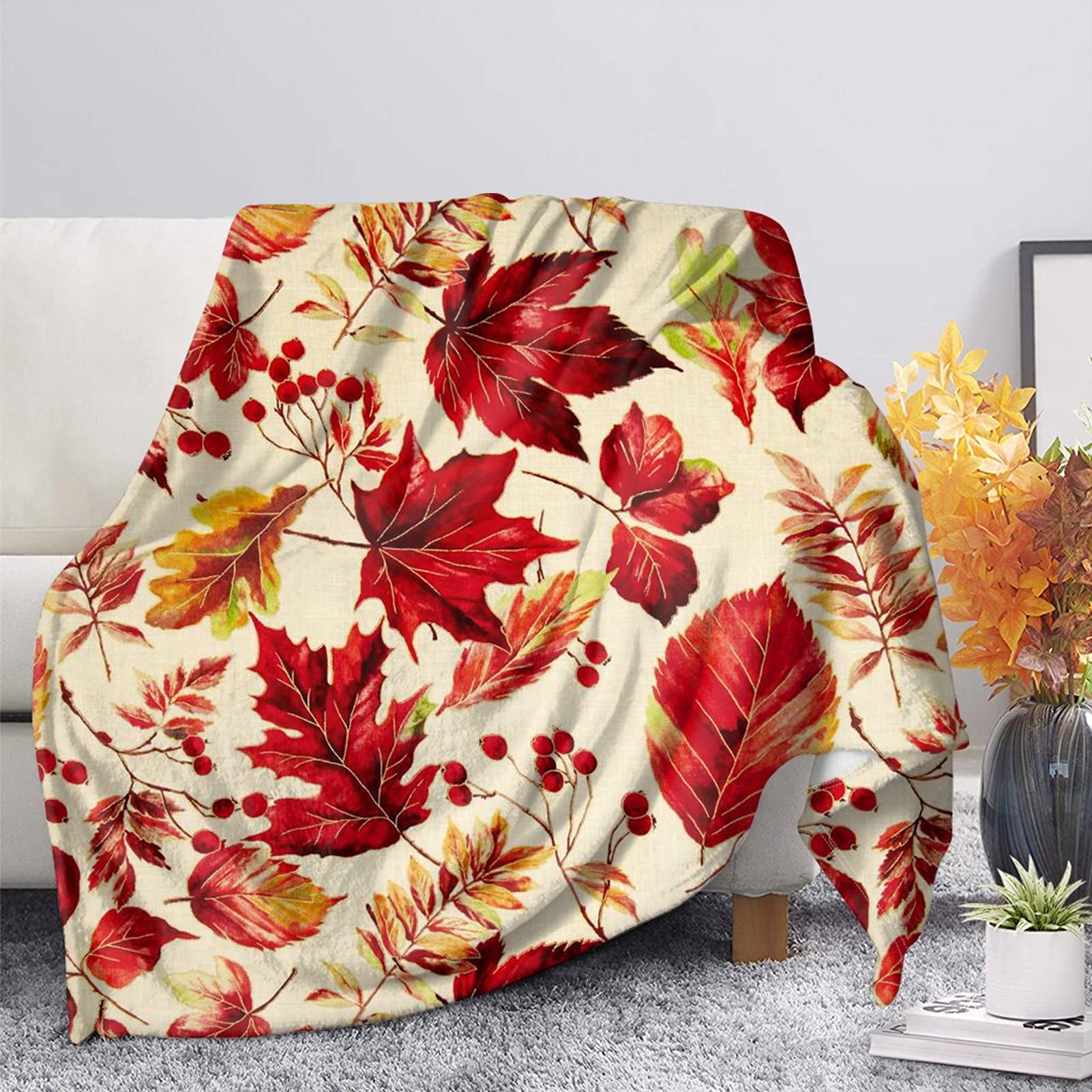 HUGS IDEAMaple Leaf Blanket Autumn Thanksgiving Decoration, Red Maple Berry Flower Blossom Print, Snug Soft Comfortable Throws Basic Size& Full Size-M