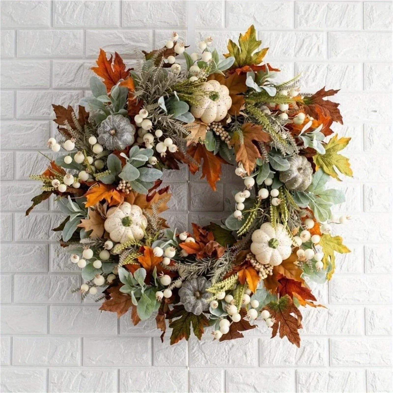 Couronne de Porte Couronne de Feuilles d'érable artificielles, Guirlande Porte en Citrouille Blanche for Halloween, Thanksgiving, Ornements Suspendus pour la décoration