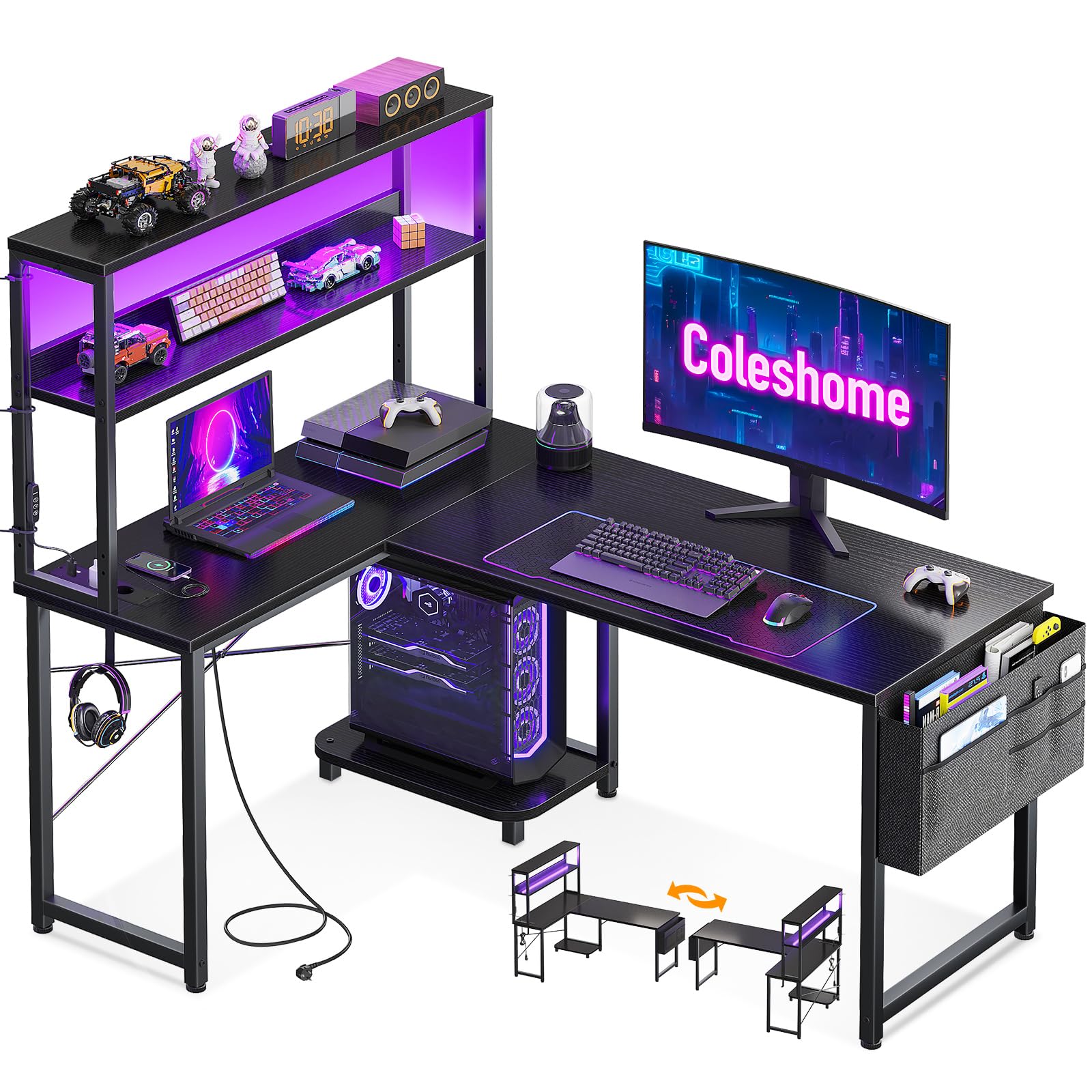 Coleshome Scrivania Gaming con LED e Prese, 110 × 80 cm Scrivania Gaming Angolare Reversibile con Scaffali Portaoggetti, Scrivania Angolare con Borsa Portaoggetti per Giocatori, Nero