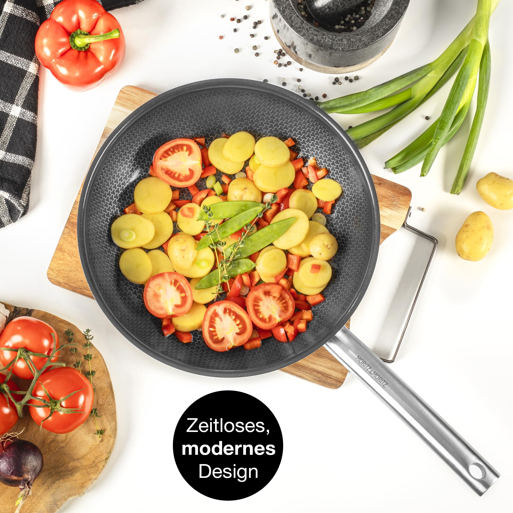 Moritz & Moritz Edelstahlpfanne Wabenstruktur 28cm mit Keramikbeschichtung der neuesten Generation - für alle Herdarten geeignet - Antihaft Pfanne mit rundem Rand zum Kochen, Braten und Schmoren