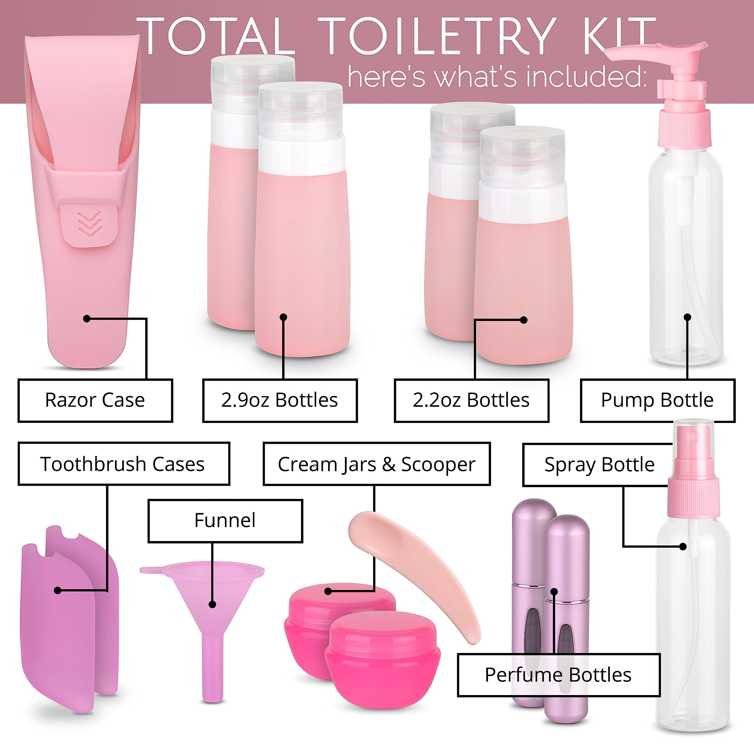 Travel Size Toiletry Bottles, Kit of 16 - TSA Approved Toiletries Essentials for Flying - Must Haves for Women - Silicone Containers, Squeeze Bottles and Accessories for Shampoo, Conditioner, Liquids
