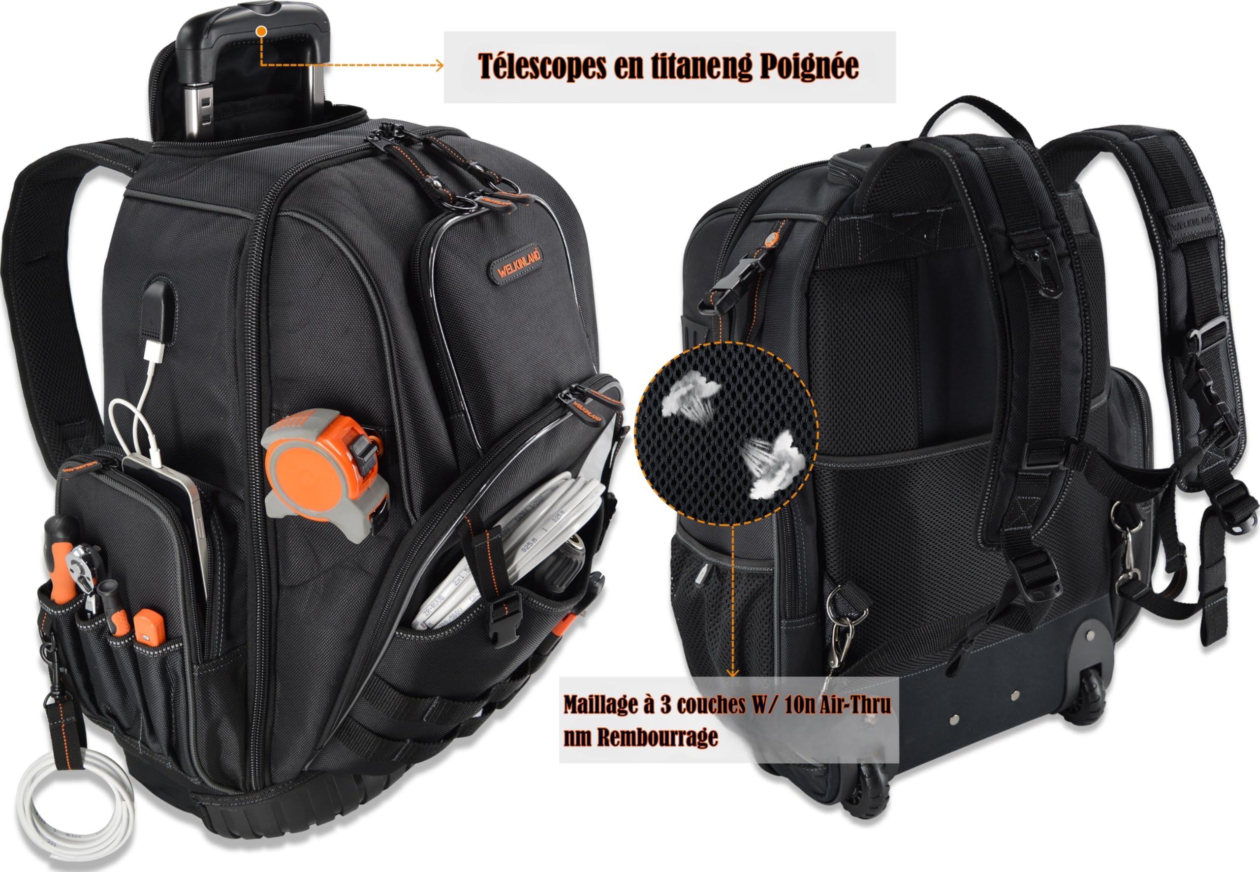 WELKINLAND Sac à dos à roulettes 72 poches, grand sac à outils avec roulettes, sac d'électricien roulant avec roues pour homme