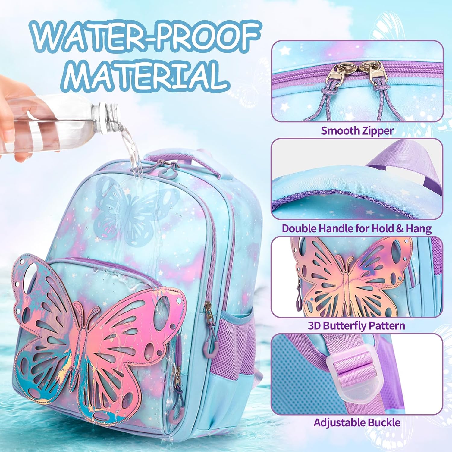 Kids Backpack for Girls, 3Pcs Butterfly Wings School Backpacks Lunch Box Pencil Case Preschool Lightweight for Girls Age 4-6 (Blue) - Image 5