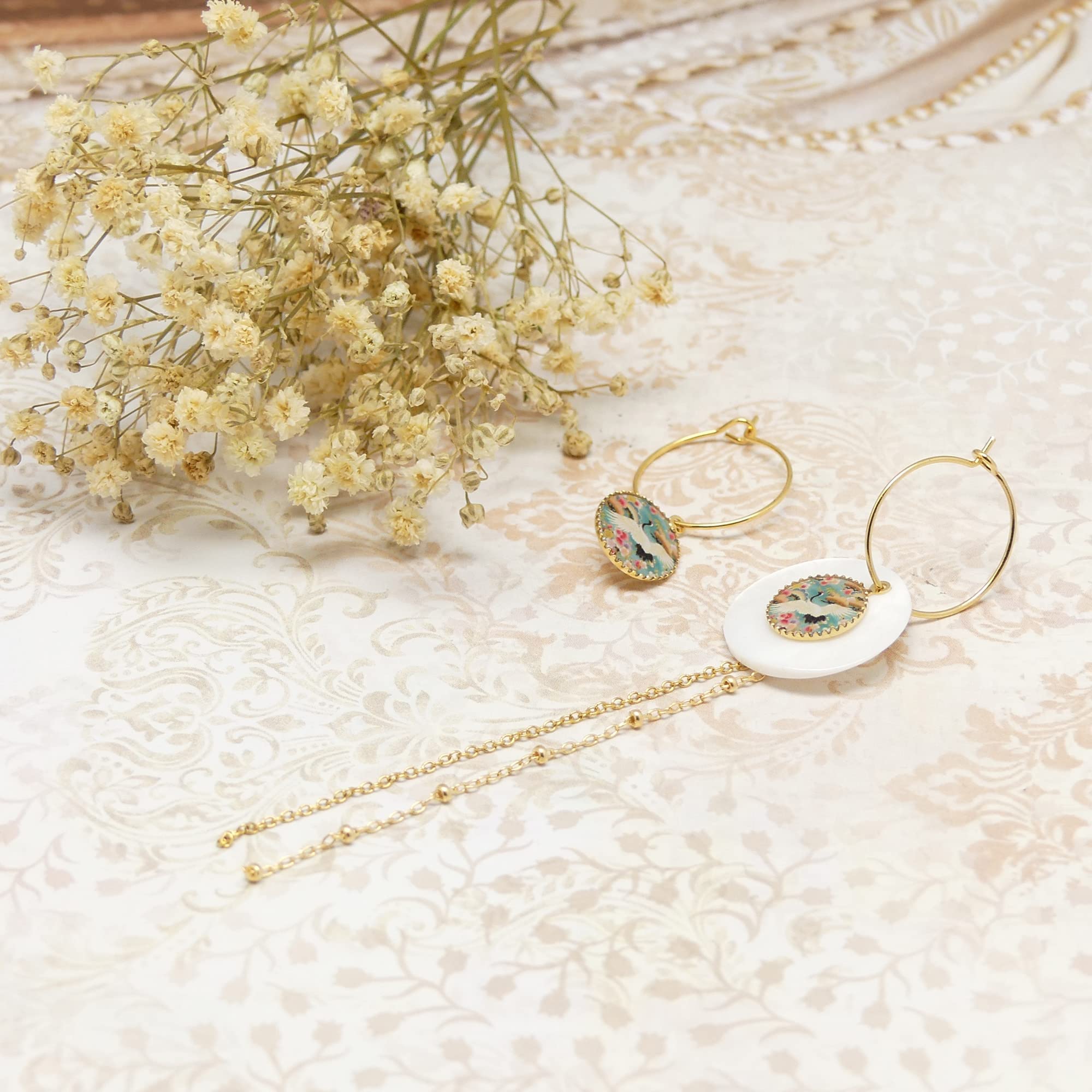 Mini aros Crane Japon verde oro rosa intercambiables latón dorado oro 24K lentejuela resina