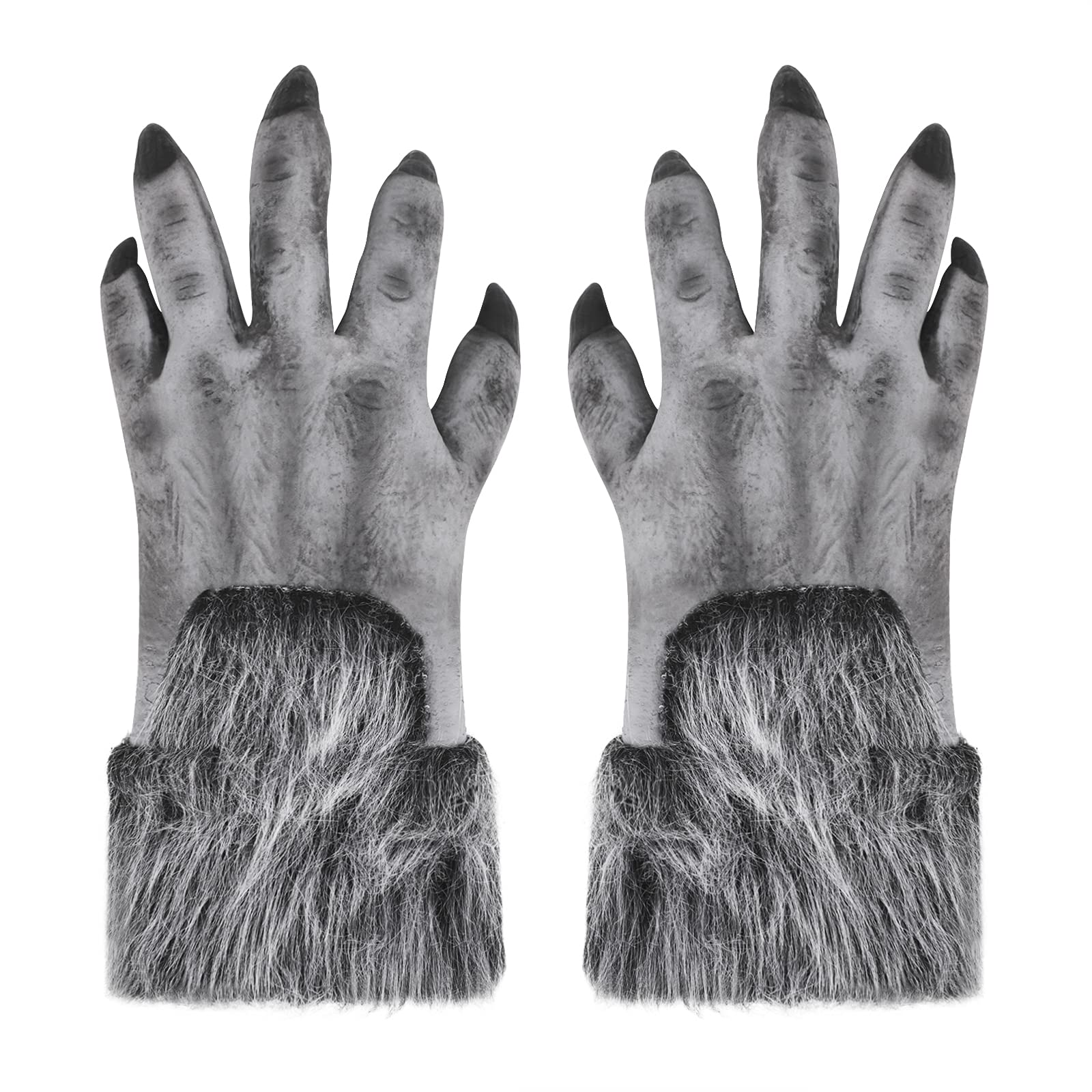 Horrific Halloween Demon Gloves Scary Latex Hairy Claw Hand Gloves with Long Nails Werewolf Zombie Devil Monster Witch Cosplay Costume Accessory for Theme Party Haunted House (Grey Wolf, One Size) — image 1