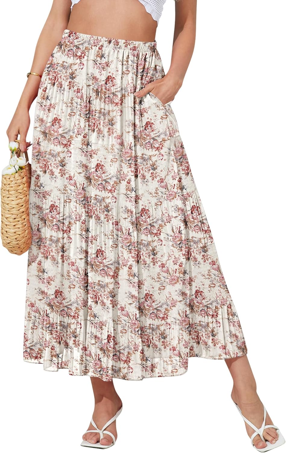 NASHALYLY Women's High Waisted Maxi Skirt,Elastic Chiffon Boho Long Skirt with Pockets