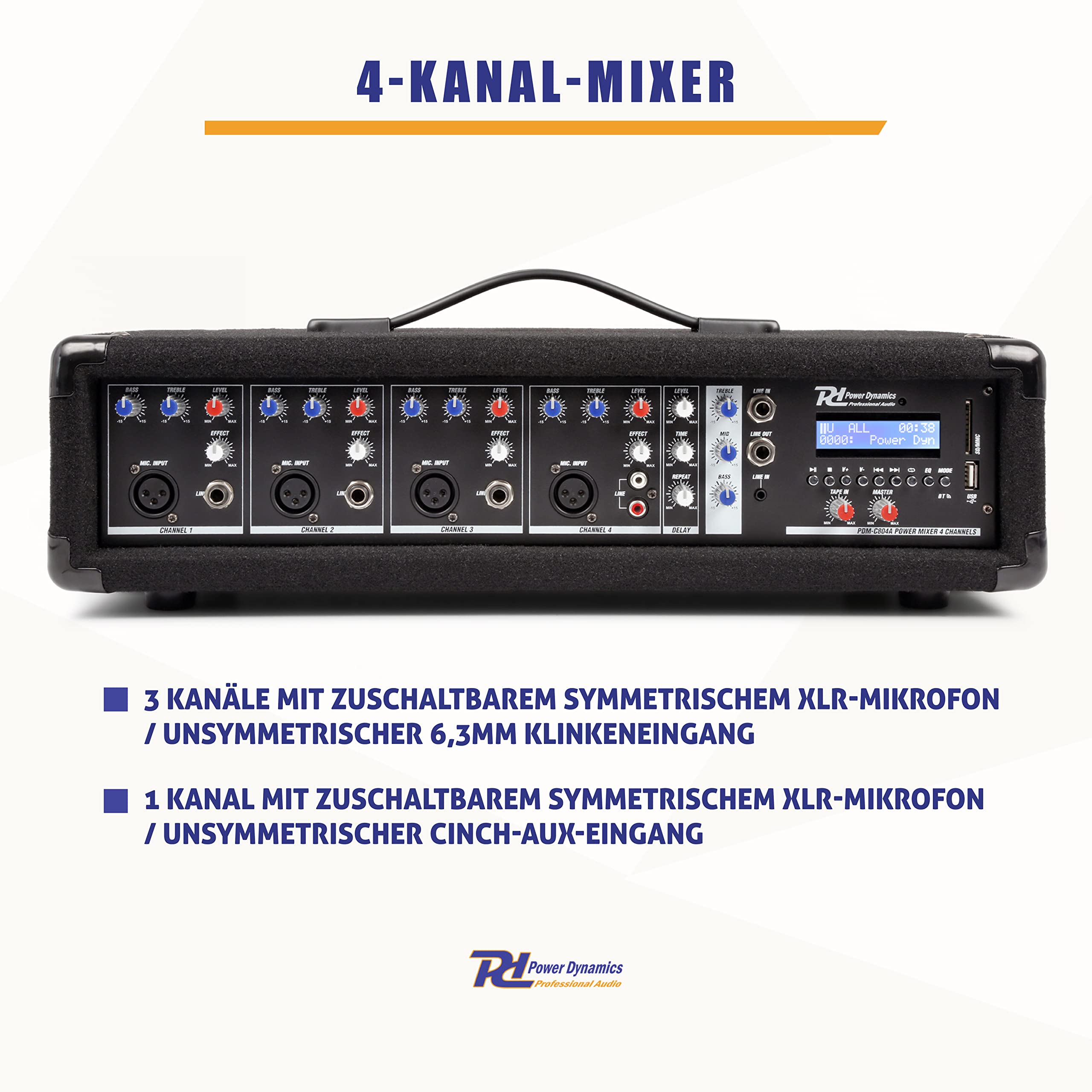 Power Dynamics PDM-C405A 4-Kanal DJ Mischpult mit Verstärker Mischpult Bluetooth Mixer mit eingebautem Verstärker, robuster Audio Mixer, MP3 Player, DJ Mischer für kleine Live Events