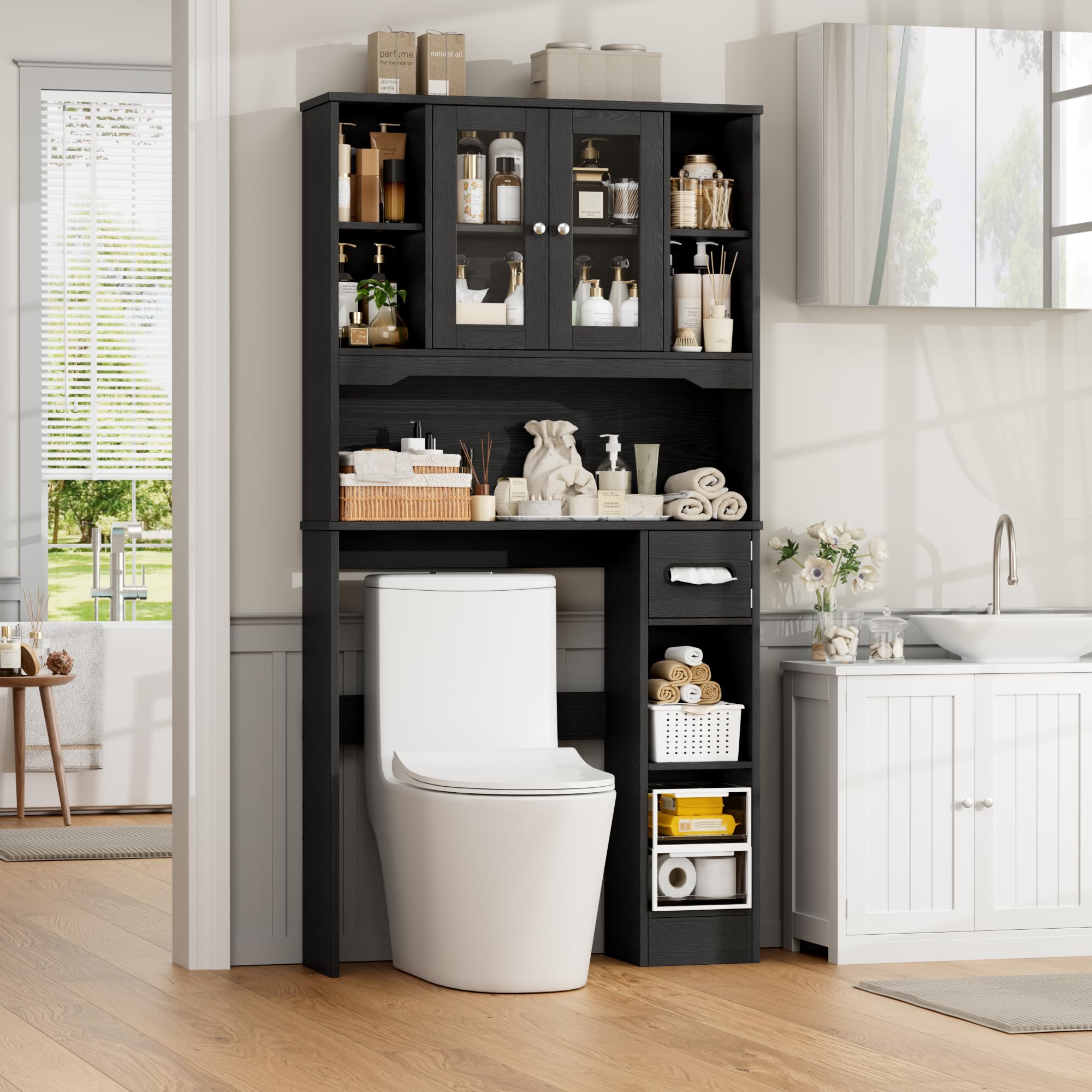 FOREHILL 173cm Mueble sobre Inodoro, Armario Baño, Gran Capacidad, Negro | Mueble Alto para Lavadora, Estanteria Baño, con Estante Ajustable, 2 Puertas, Soporte para Papel Higiénico, 89x20x173cm
