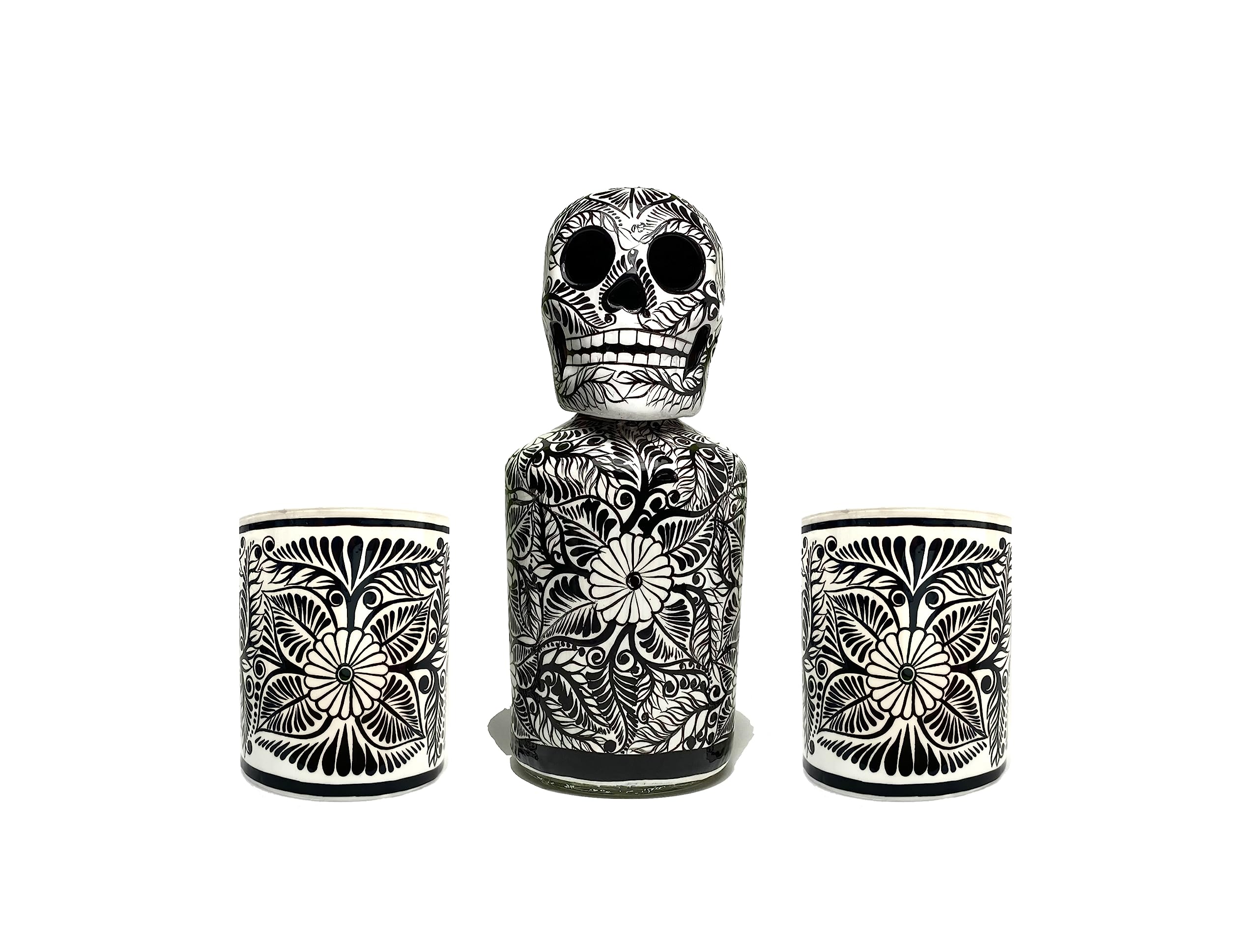 Tequila Decanter Set, Hand-painted Whiskey Set, Unique Whiskey Gift for Dad, For Liquor Scotch Bourbon, Vodka, Skull Decanter Set (White Whiskey Set)