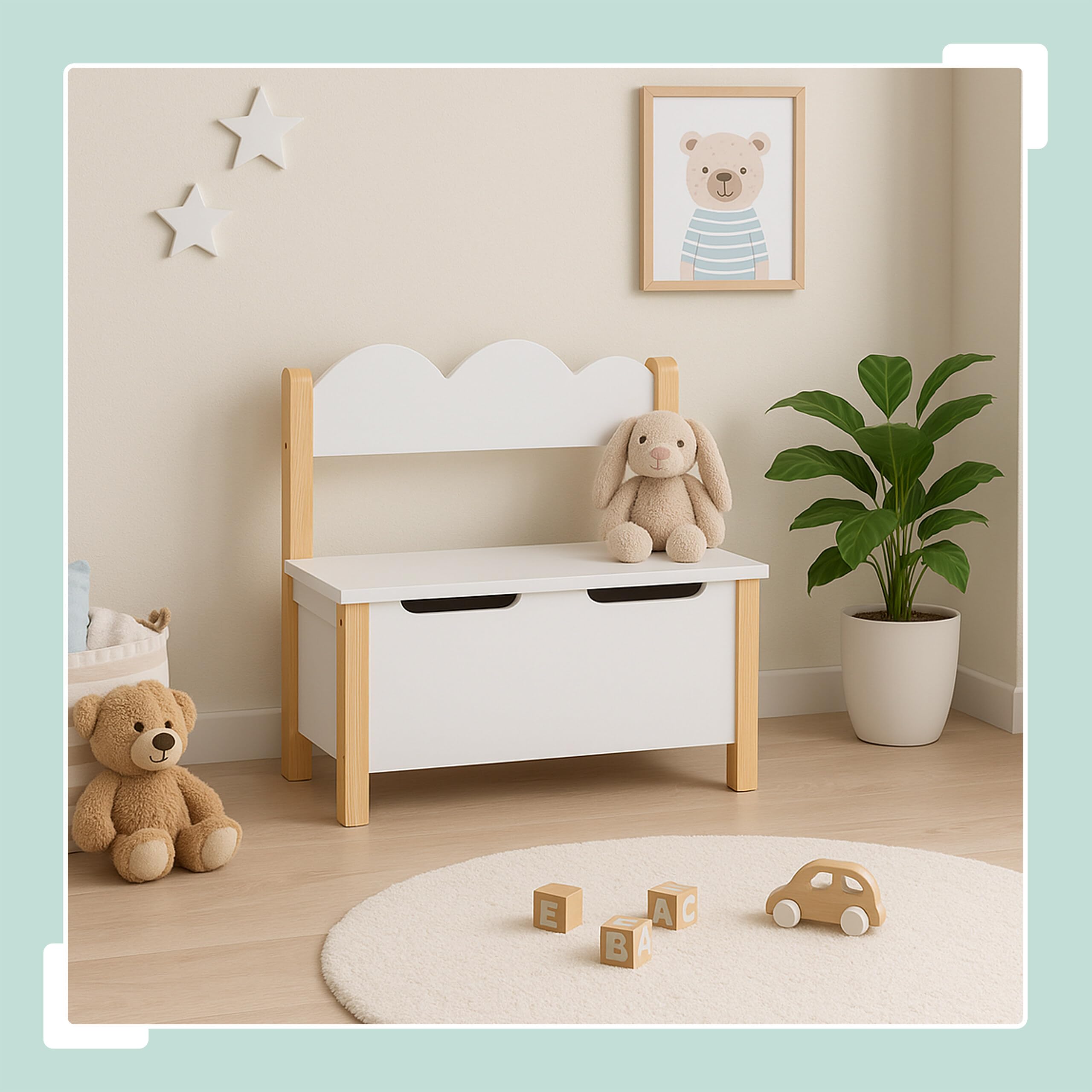 Banc pour Enfants Relaxdays avec Rangement, Couvercle, H x L x P : 60 x 60 x 25 cm, Banc Enfant, Chambre, Blanc/nat.