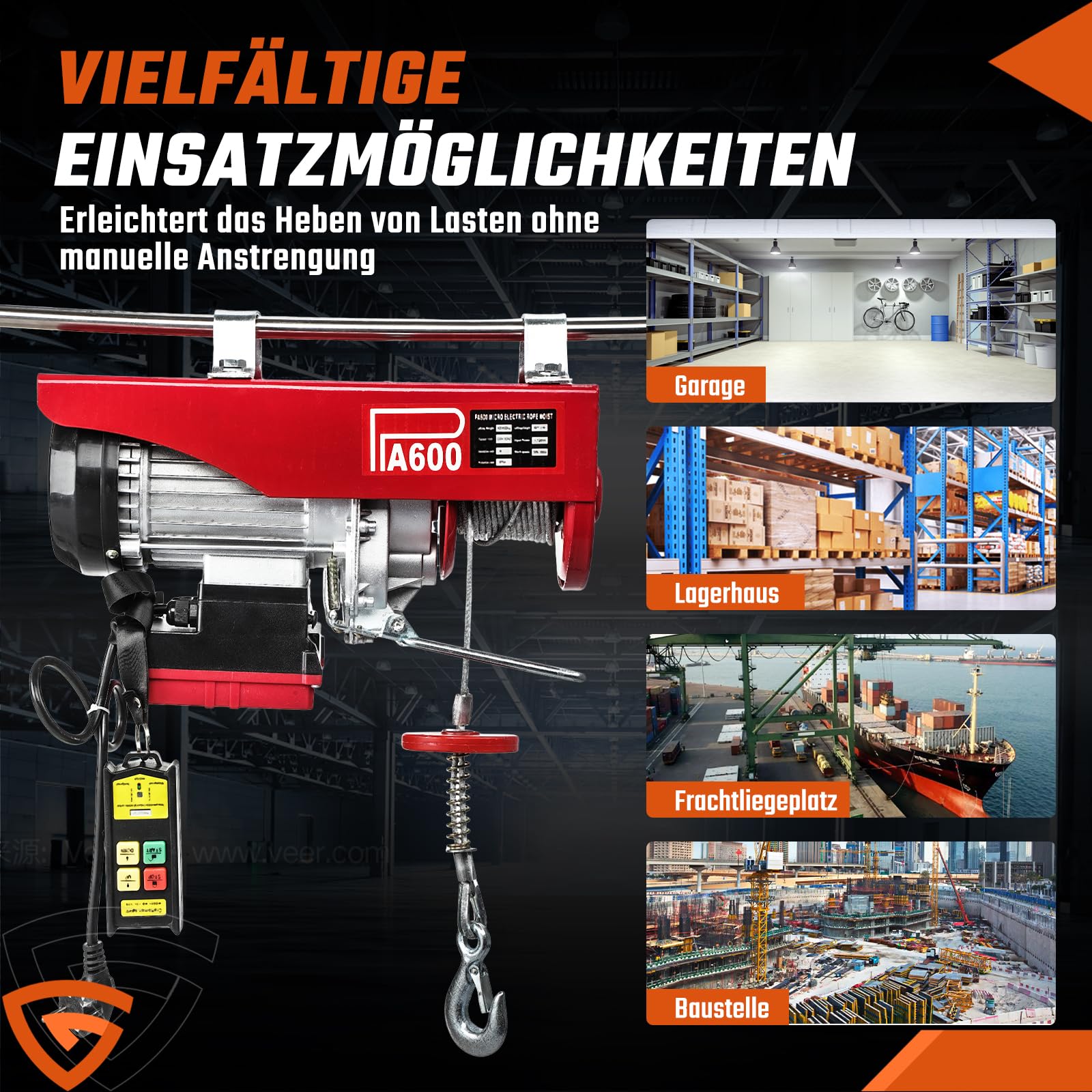 Elektrische Seilwinde 300kg bis 600kg Hubhöhe 12m Seilzug Motorwinde Flaschenzug 10m/min Hubgeschwindigkeit Dual-Modus(Einfach- und Doppelseile）Hebezug mit kabelloser Fernbedienung Seilhebezug Ketten