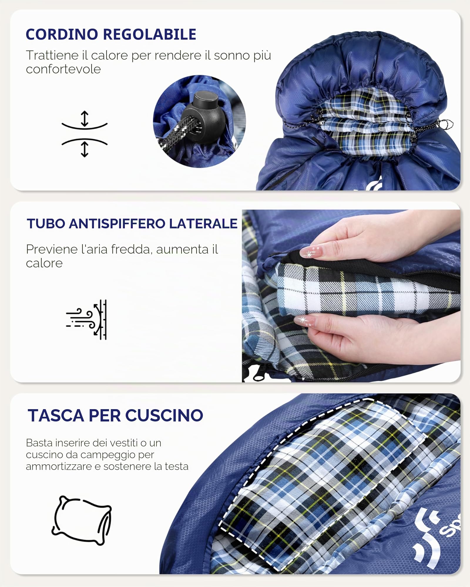 Sportneer Flanella Sacco a Pelo Invernale Per Adulti 220 x 85 cm, Sacchi a Pelo 4 Stagioni con Cappuccio Staccabile Portatile per Trekking Campeggio Alpinismo Viaggi Escursionismo