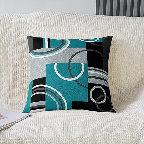 Miniatura 2 de Juego de 2 fundas de almohada modernas color turquesa de 22 x 22 pulgadas con círculos geométricos para cama, sofá, fundas de cojín negras y grises,